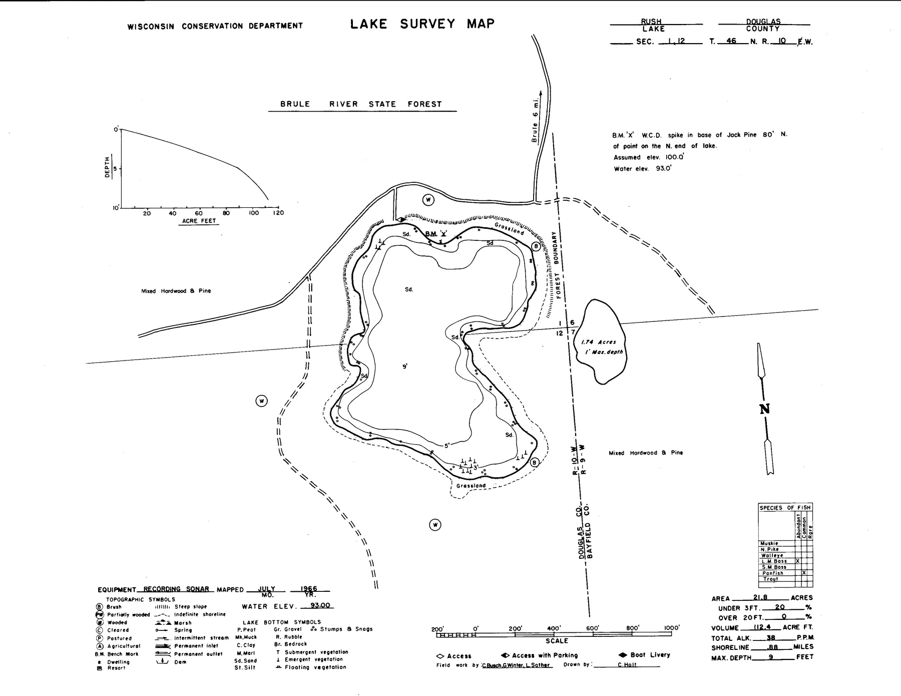 Rush Lake historical Wisconsin DNR depth map sheet 1