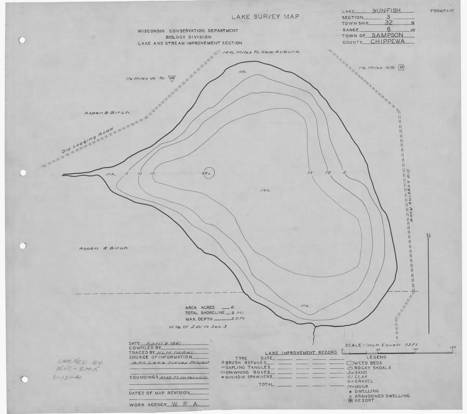 Sunfish Lake historical Wisconsin DNR depth map sheet 1