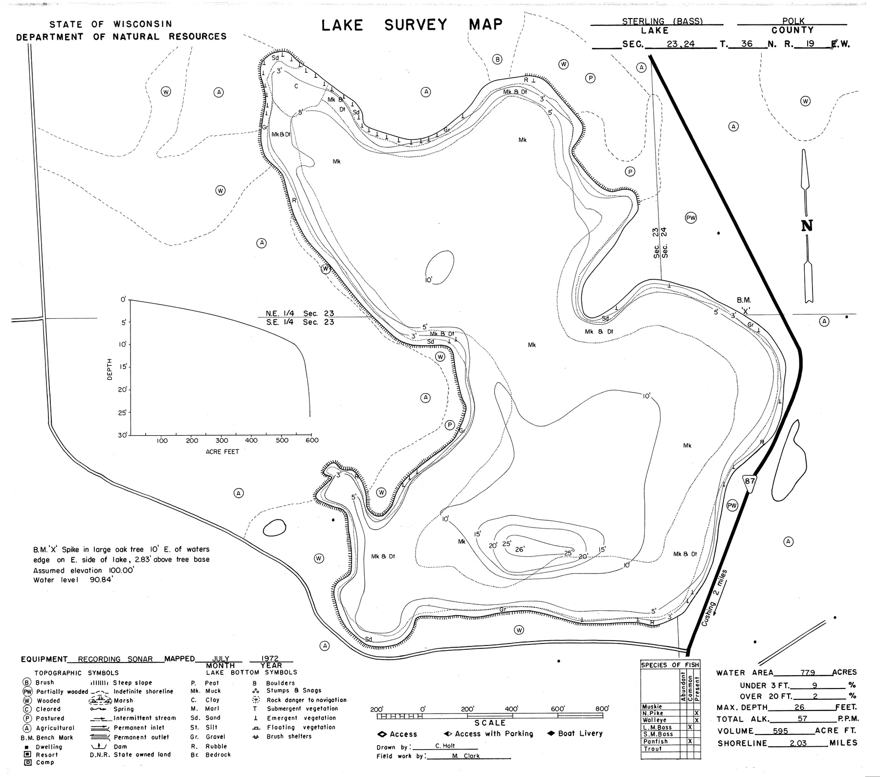 Bass Lake historical Wisconsin DNR depth map sheet 1