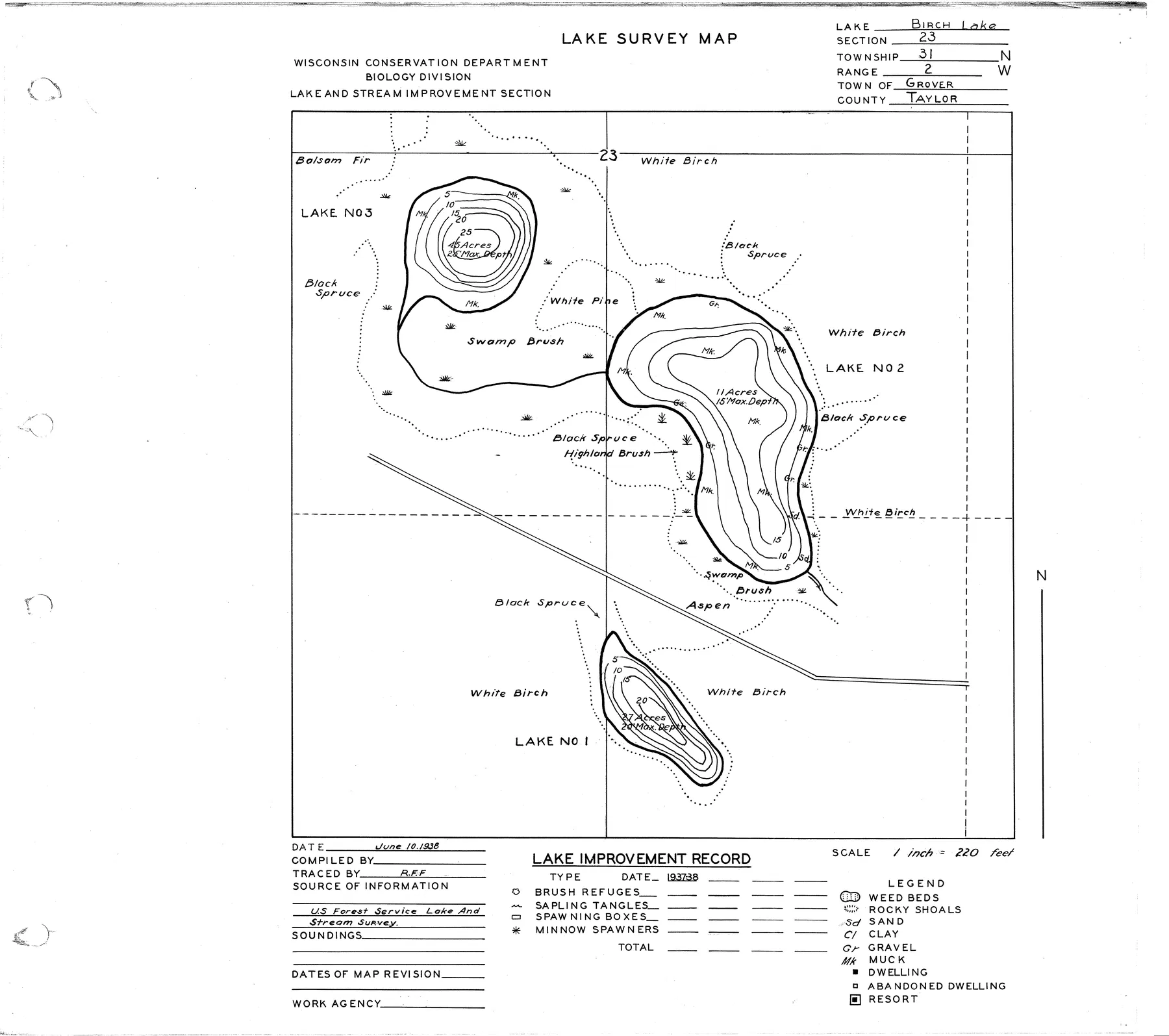 Birch Lake historical Wisconsin DNR depth map sheet 1