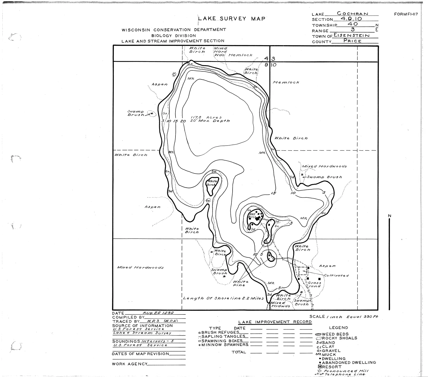 Cochran Lake historical Wisconsin DNR depth map sheet 1
