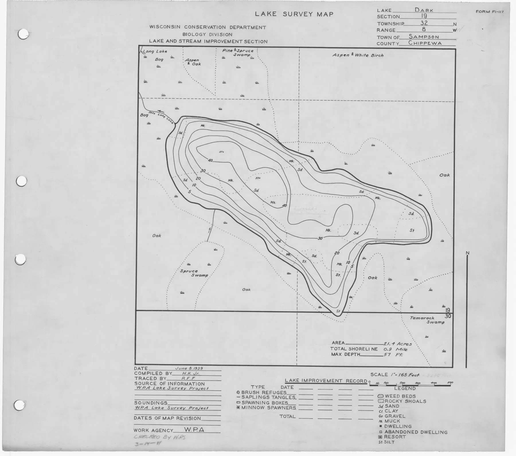Dark Lake historical Wisconsin DNR depth map sheet 1