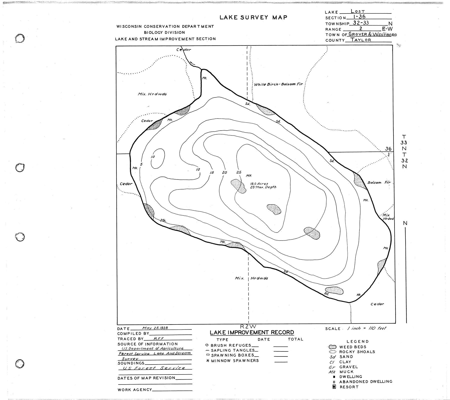 Lost Lake historical Wisconsin DNR depth map sheet 1