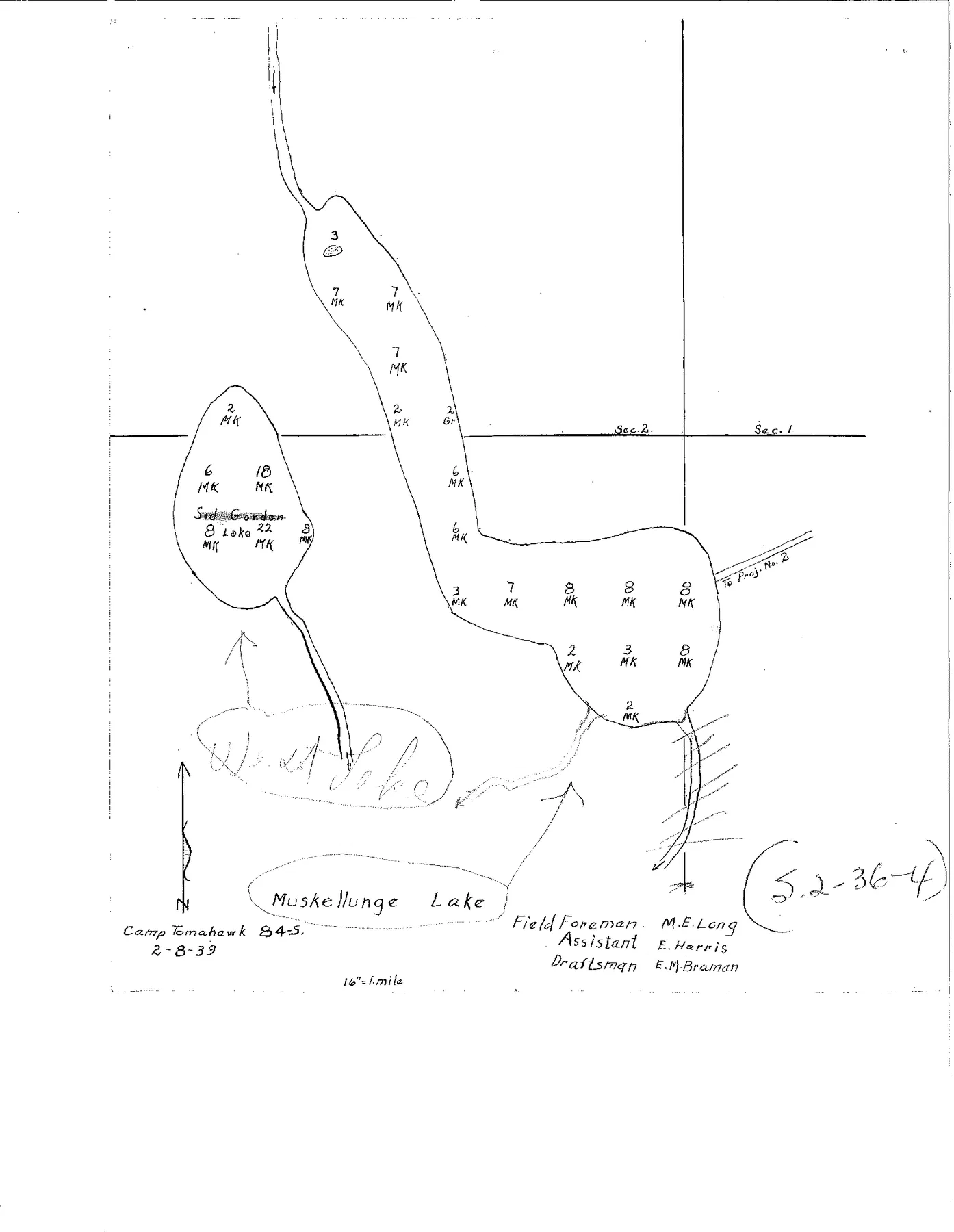 Muskellunge Lake historical Wisconsin DNR depth map sheet 1