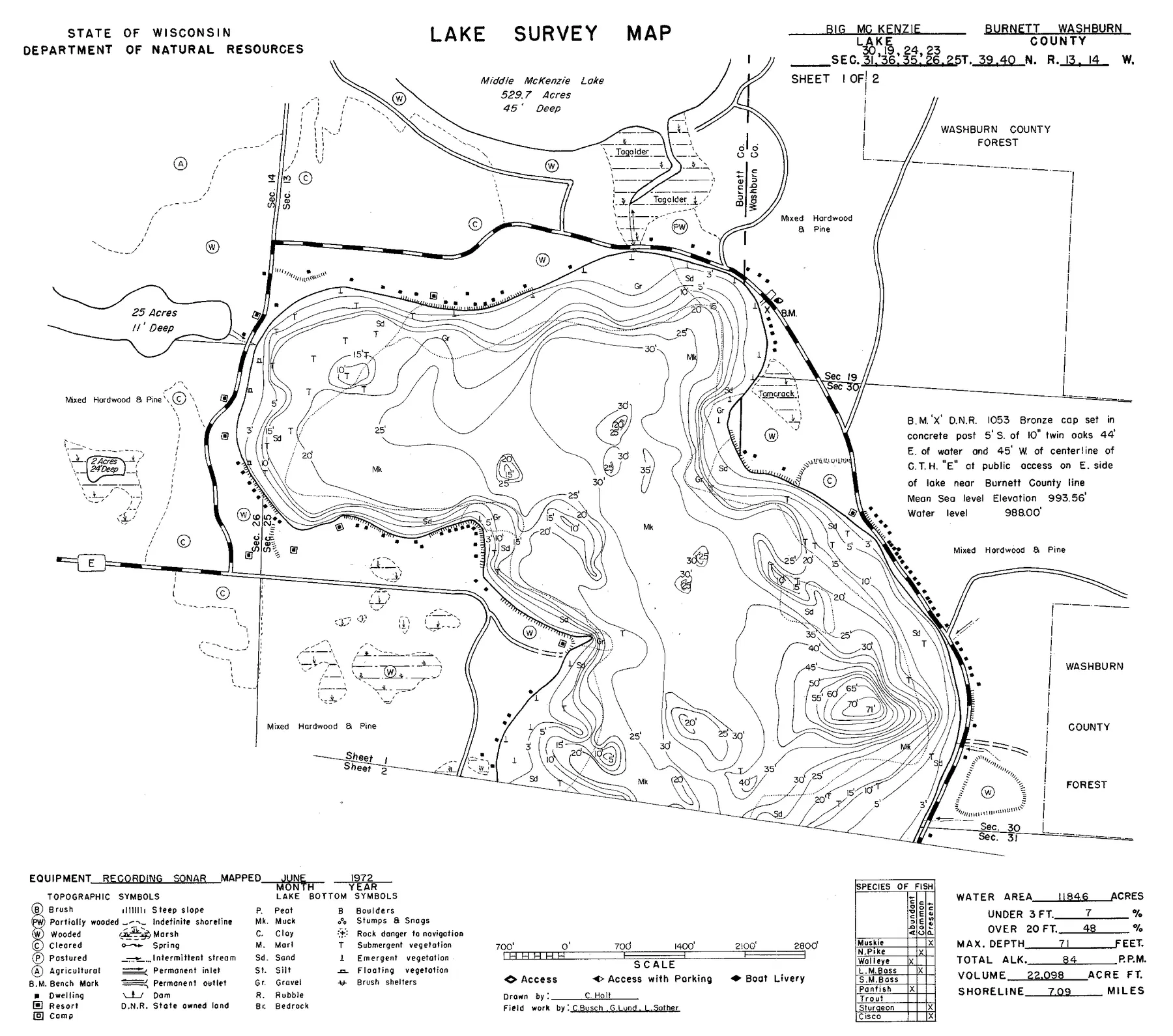 McKenzie Lake historical Wisconsin DNR depth map sheet 1
