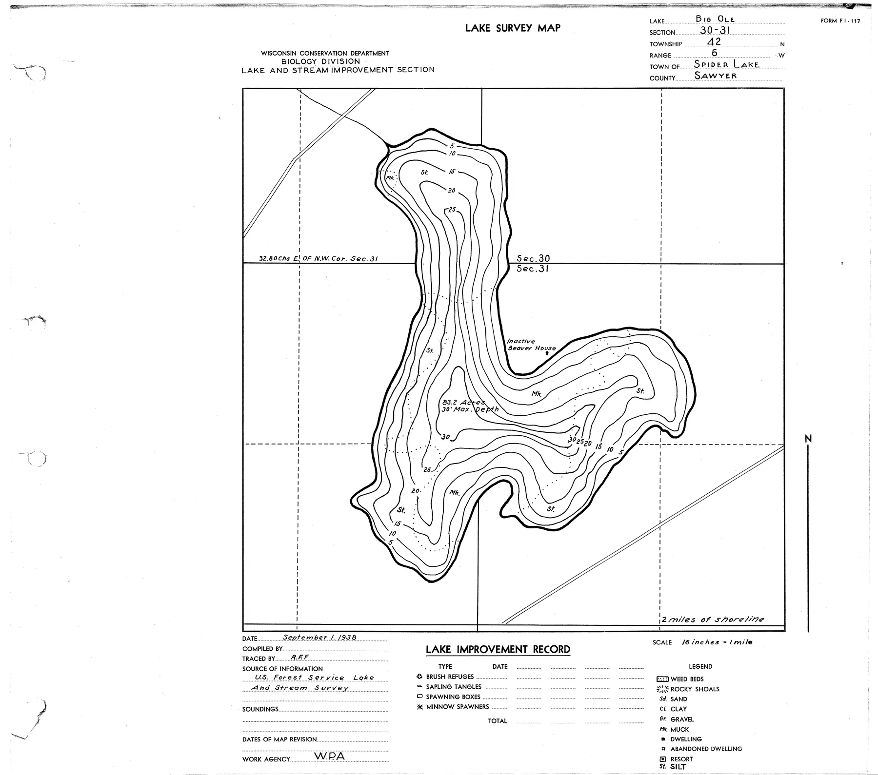Ole Lake historical Wisconsin DNR depth map sheet 1