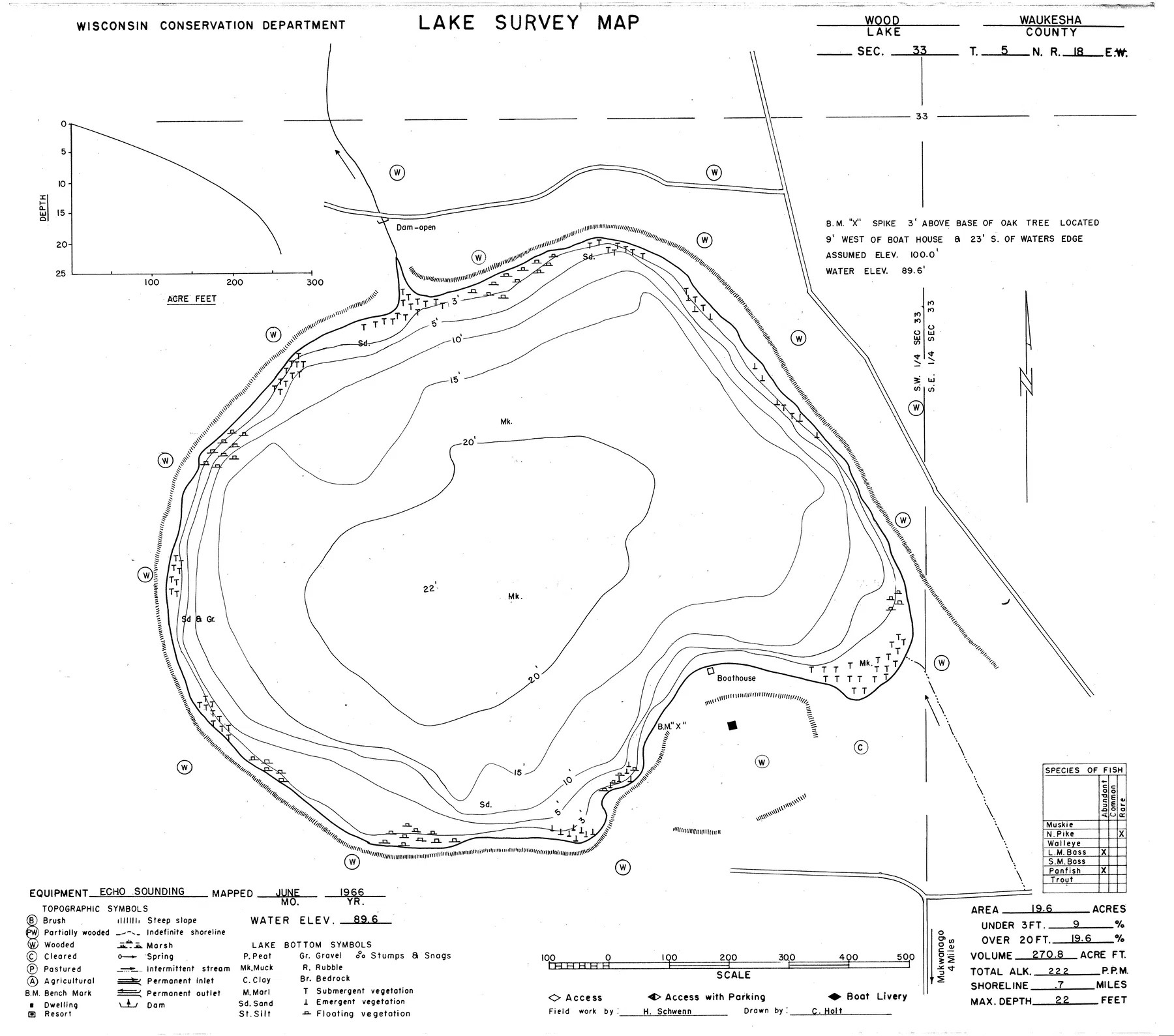 Wood Lake historical Wisconsin DNR depth map sheet 1