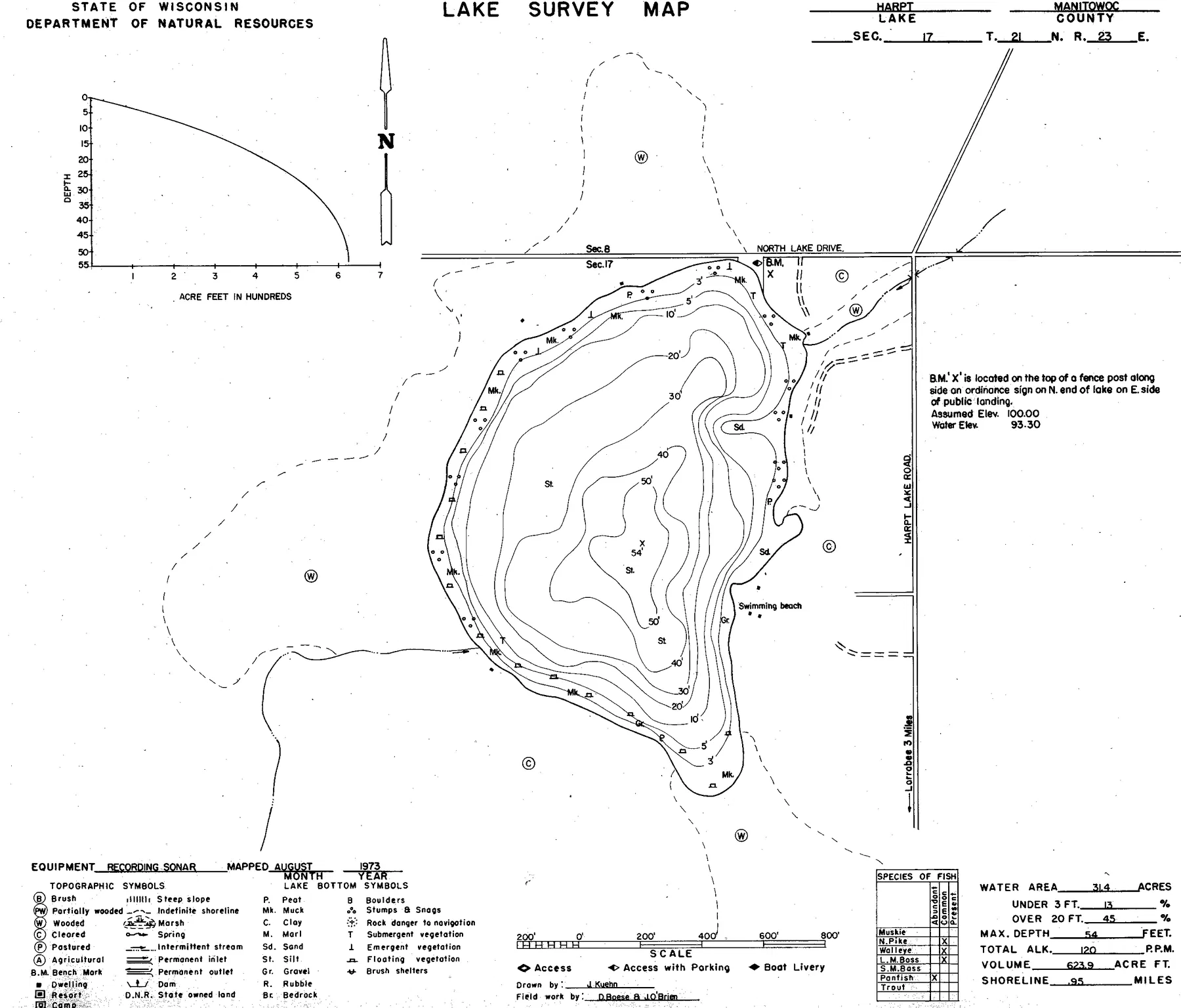 Harpt Lake historical Wisconsin DNR depth map sheet 1