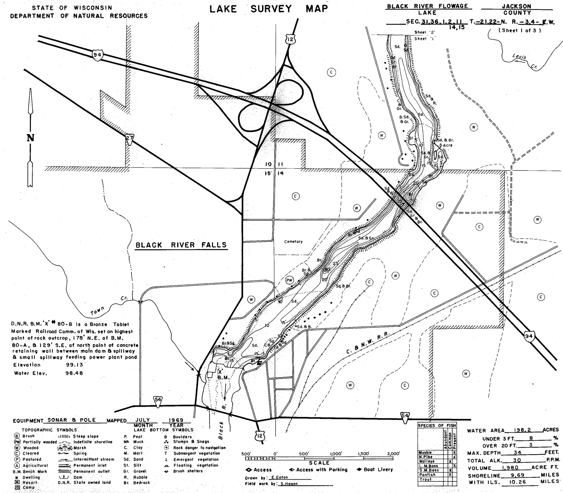 Black River Flowage 1610 historical Wisconsin DNR depth map sheet 1