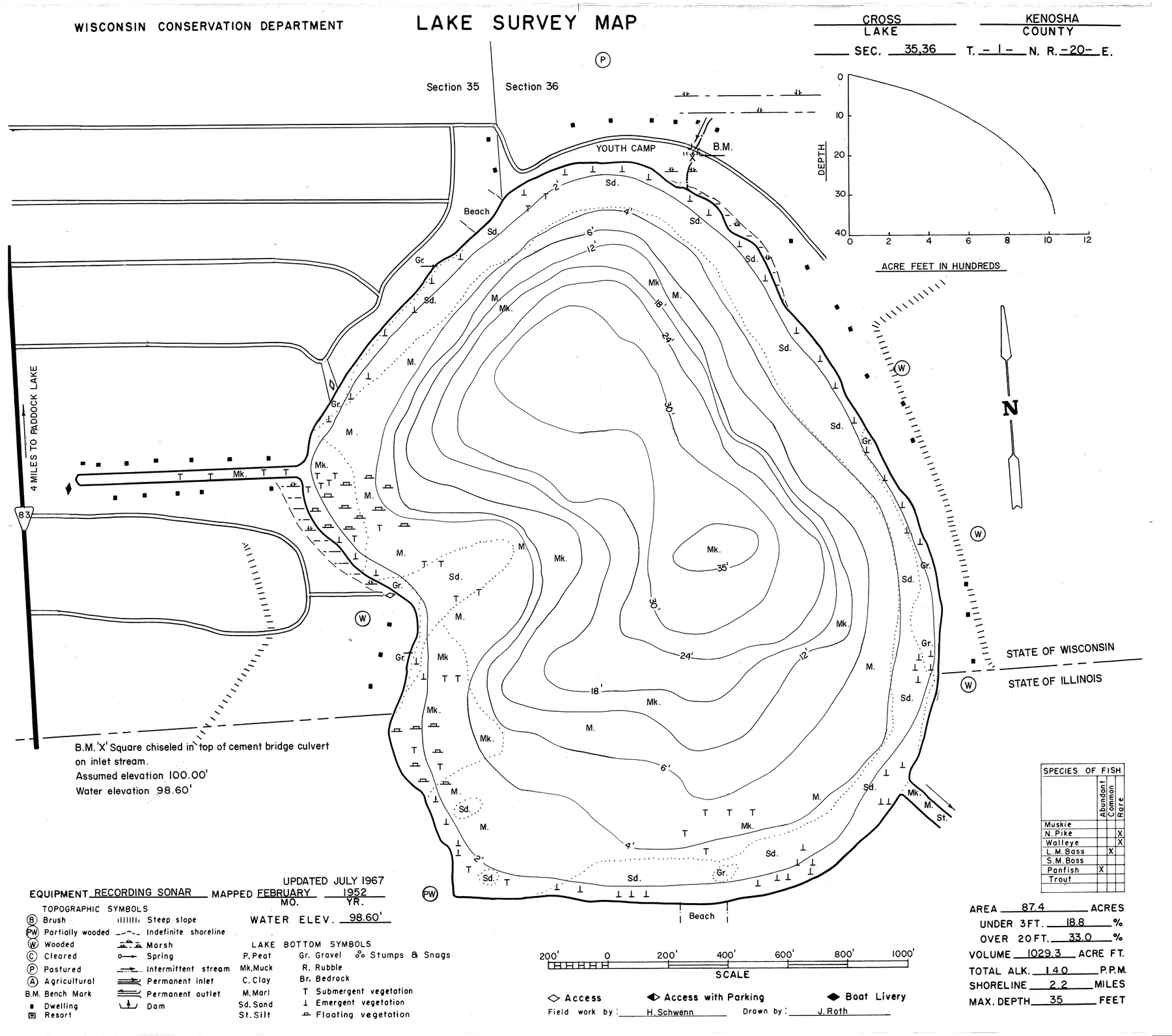 Cross Lake historical Wisconsin DNR depth map sheet 1