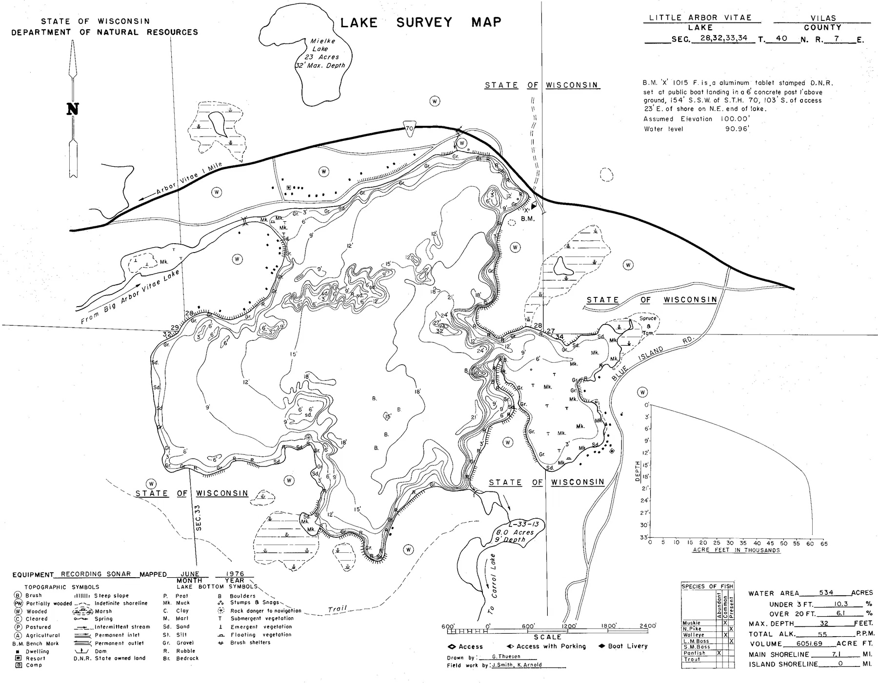 Little Arbor Vitae Lake historical Wisconsin DNR depth map sheet 1