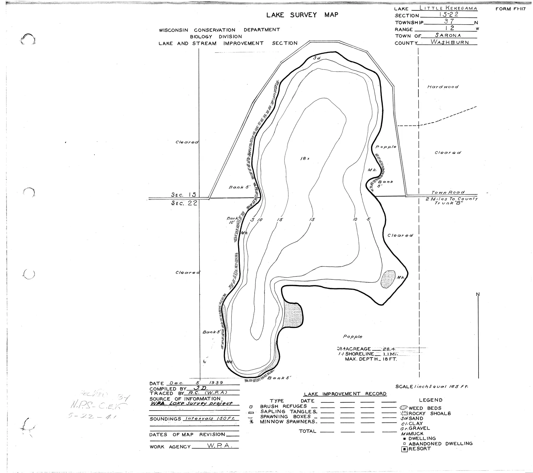 Little Kekegama Lake historical Wisconsin DNR depth map sheet 1
