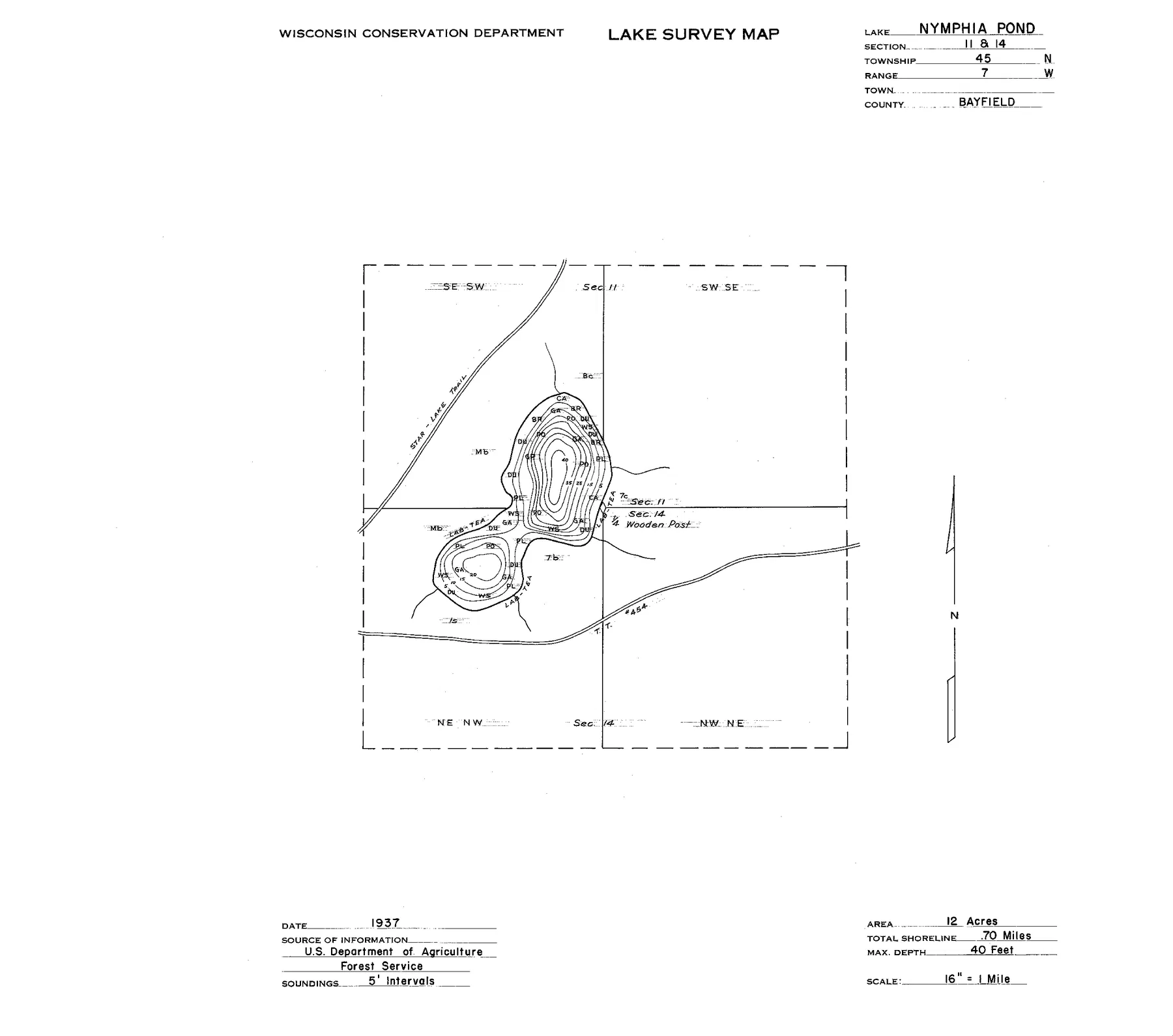 Nymphia Lake historical Wisconsin DNR depth map sheet 1