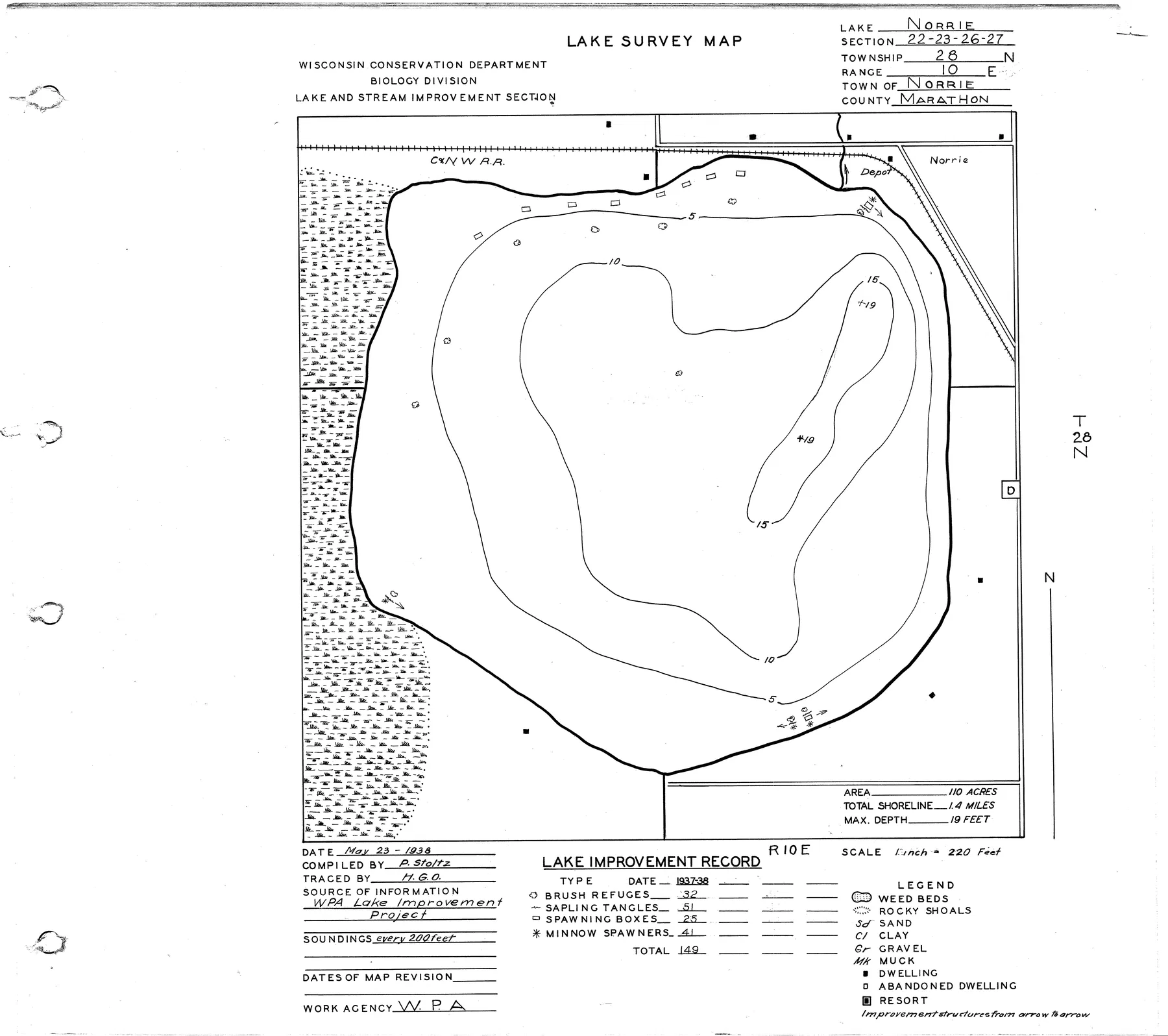 Norrie Lake historical Wisconsin DNR depth map sheet 1