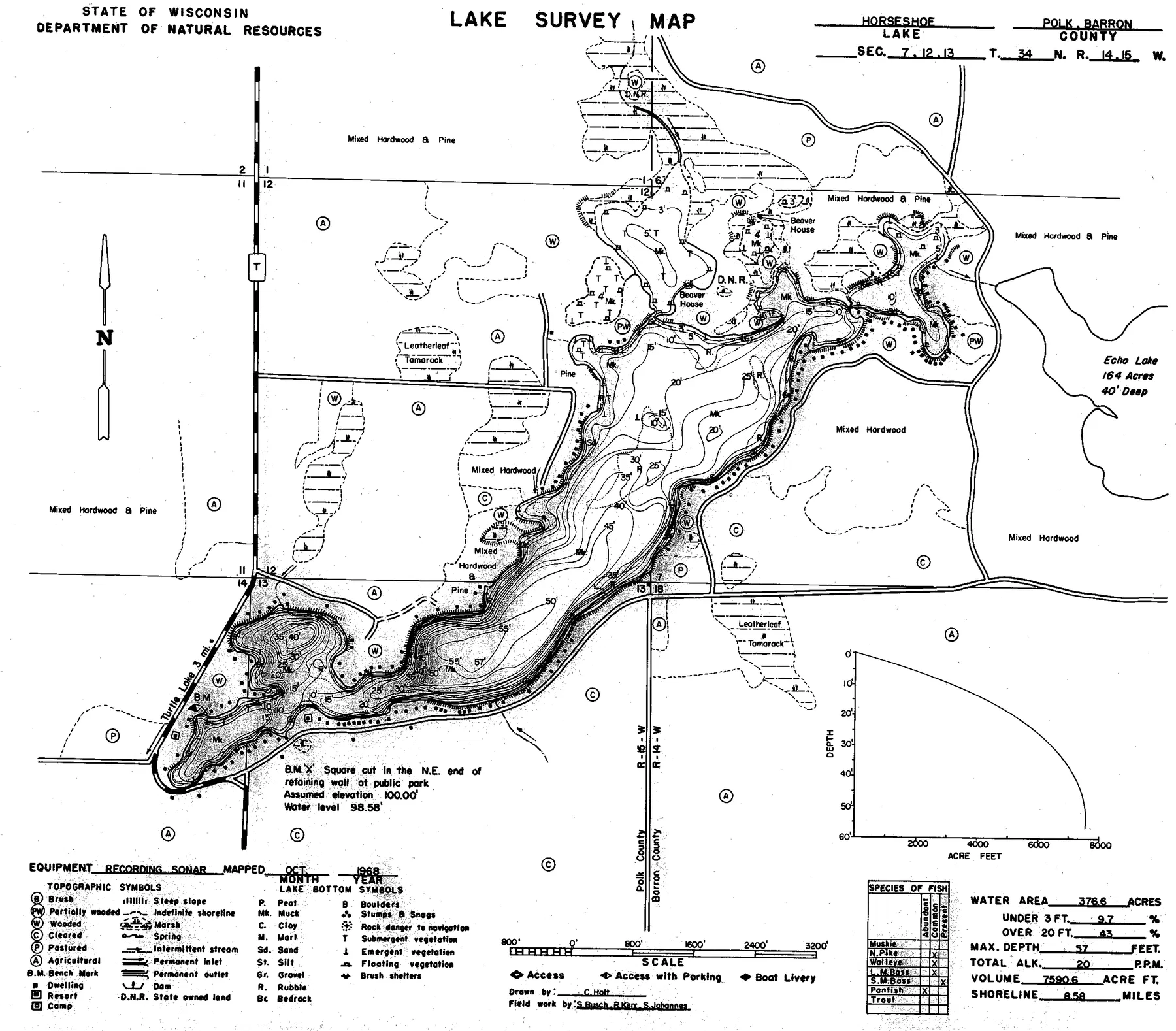 Horseshoe Lake historical Wisconsin DNR depth map sheet 1