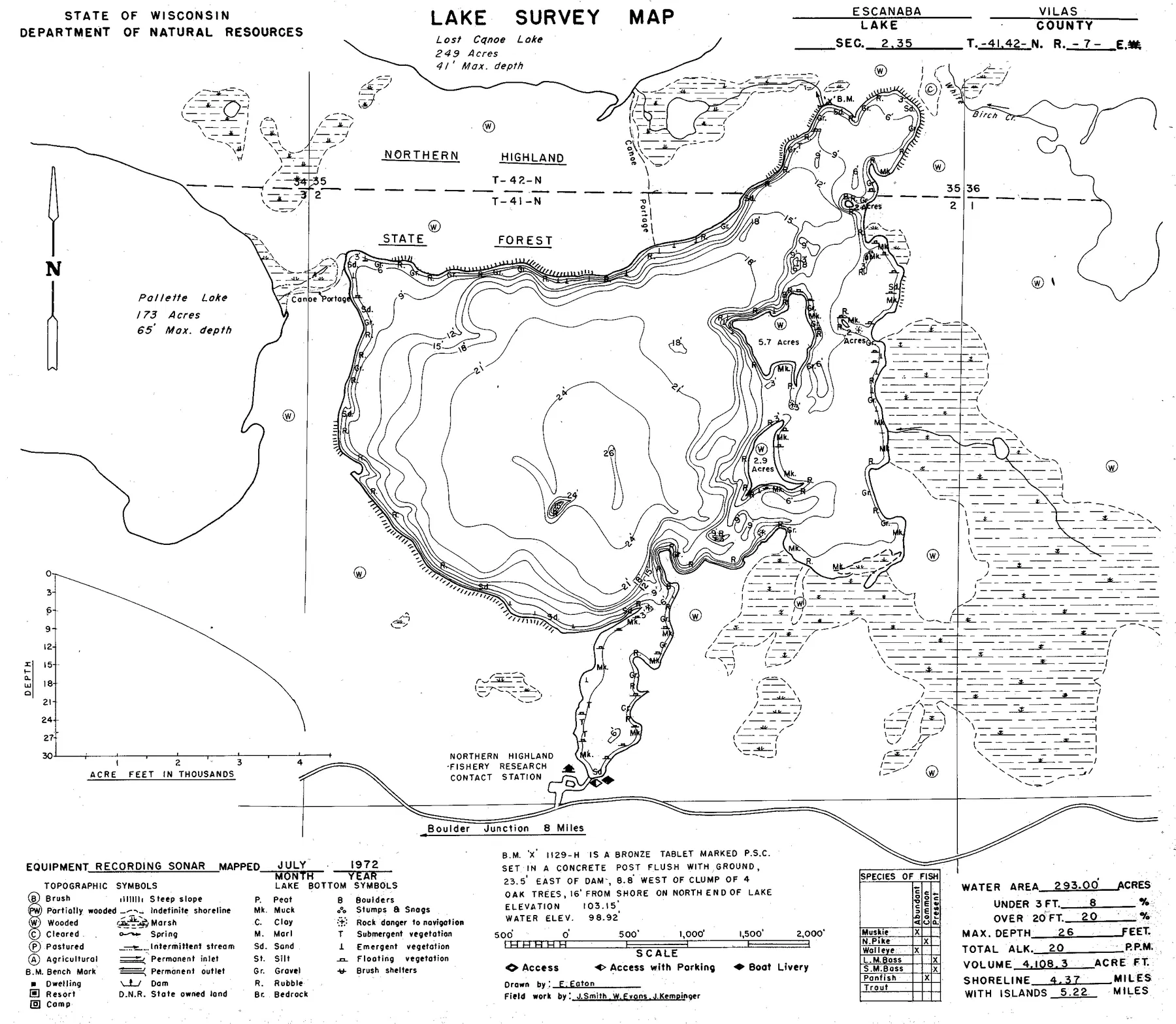 Escanaba Lake historical Wisconsin DNR depth map sheet 1