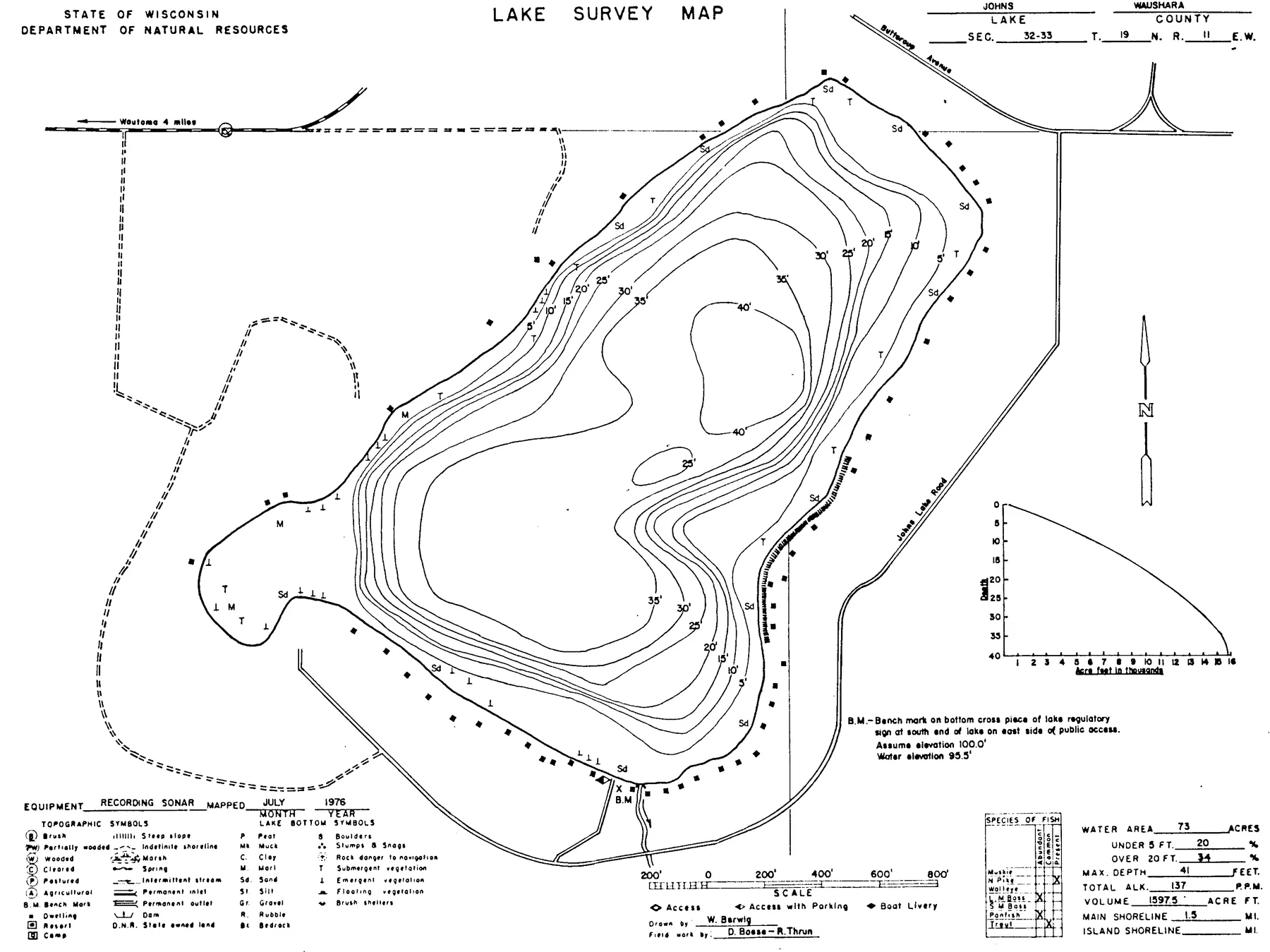 Johns Lake historical Wisconsin DNR depth map sheet 1