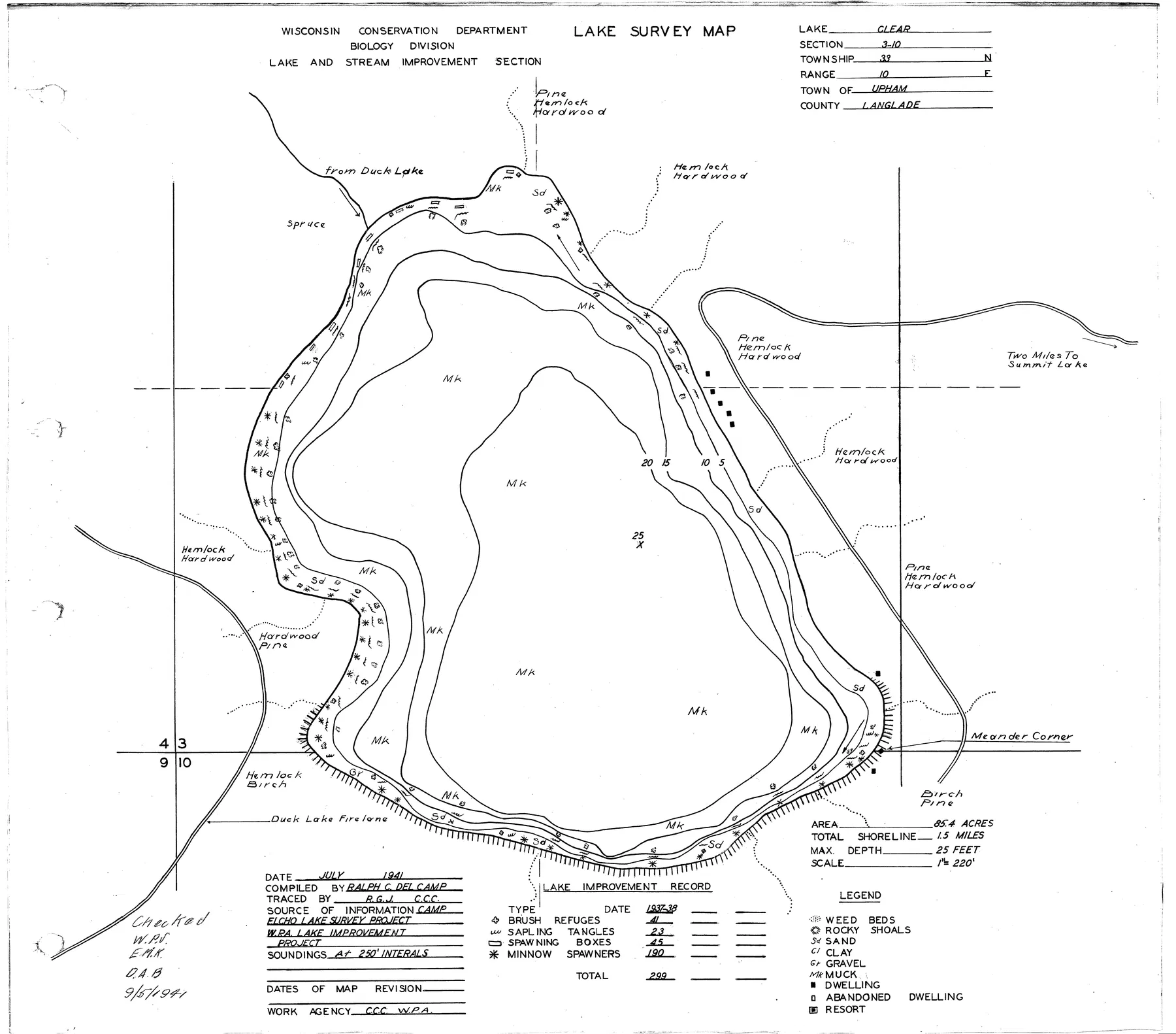 Clear Lake historical Wisconsin DNR depth map sheet 1