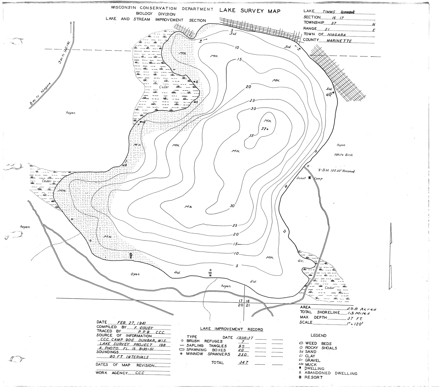 Timms Lake historical Wisconsin DNR depth map sheet 1