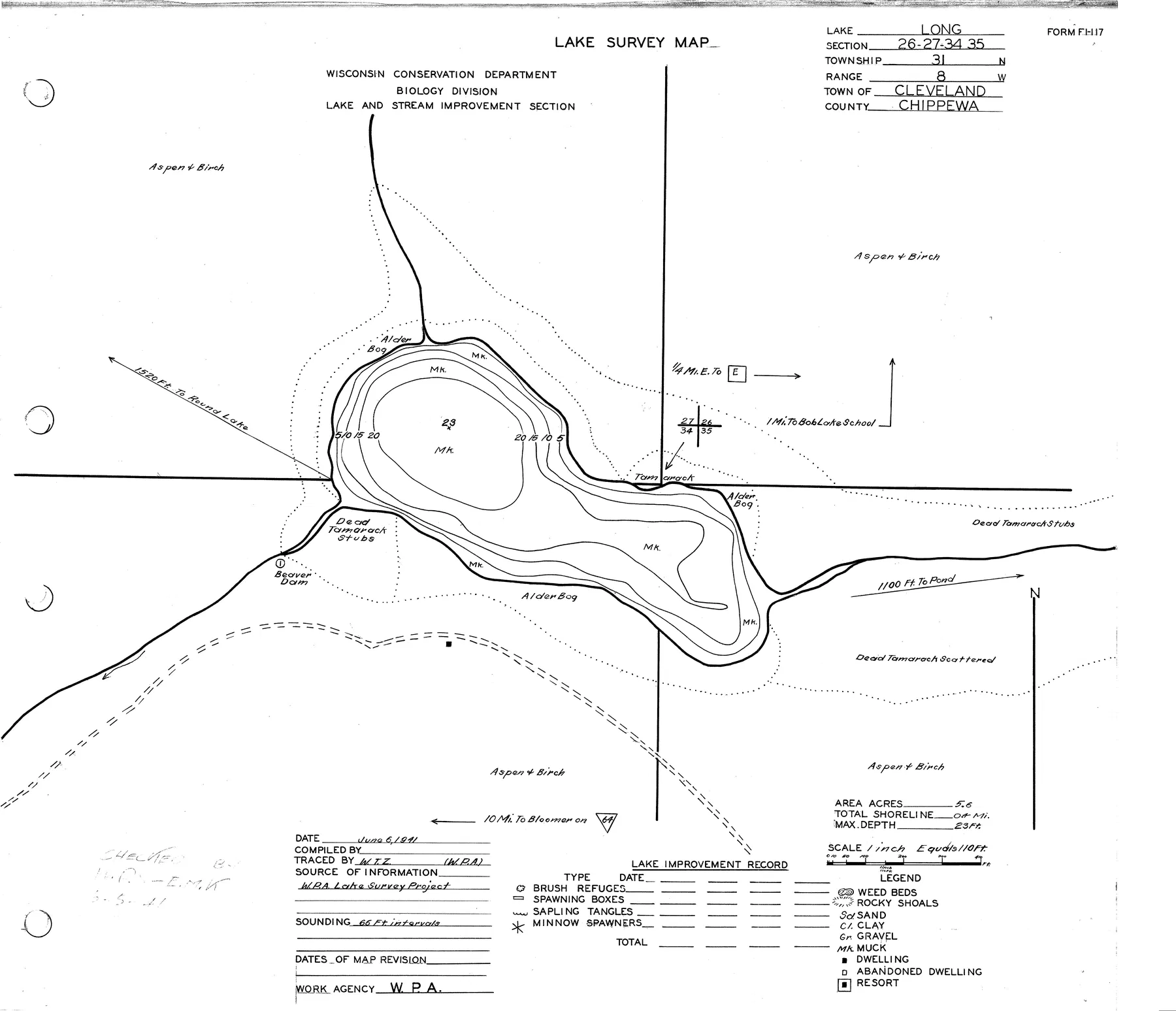 Long Lake historical Wisconsin DNR depth map sheet 1