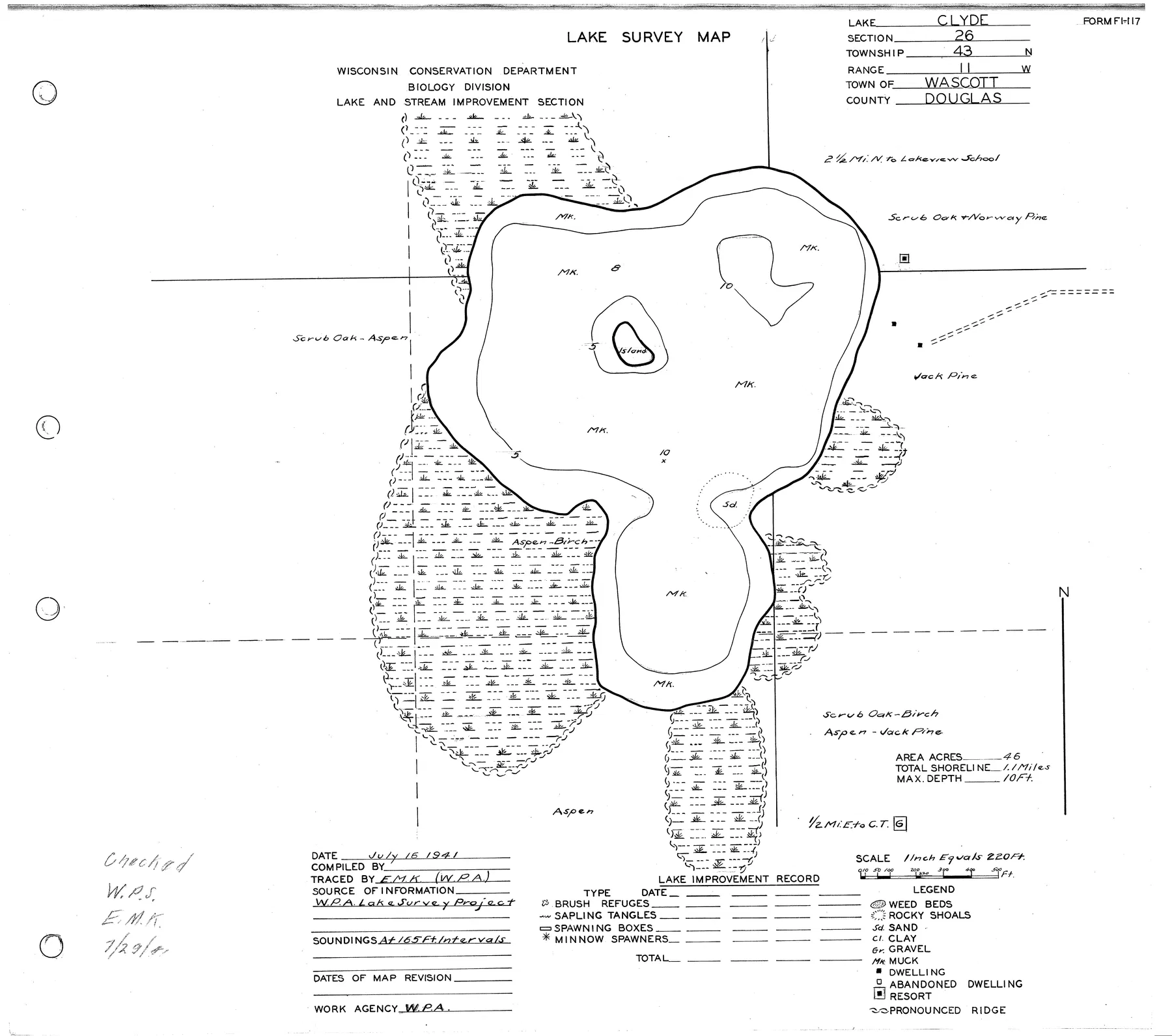 Clyde Lake historical Wisconsin DNR depth map sheet 1