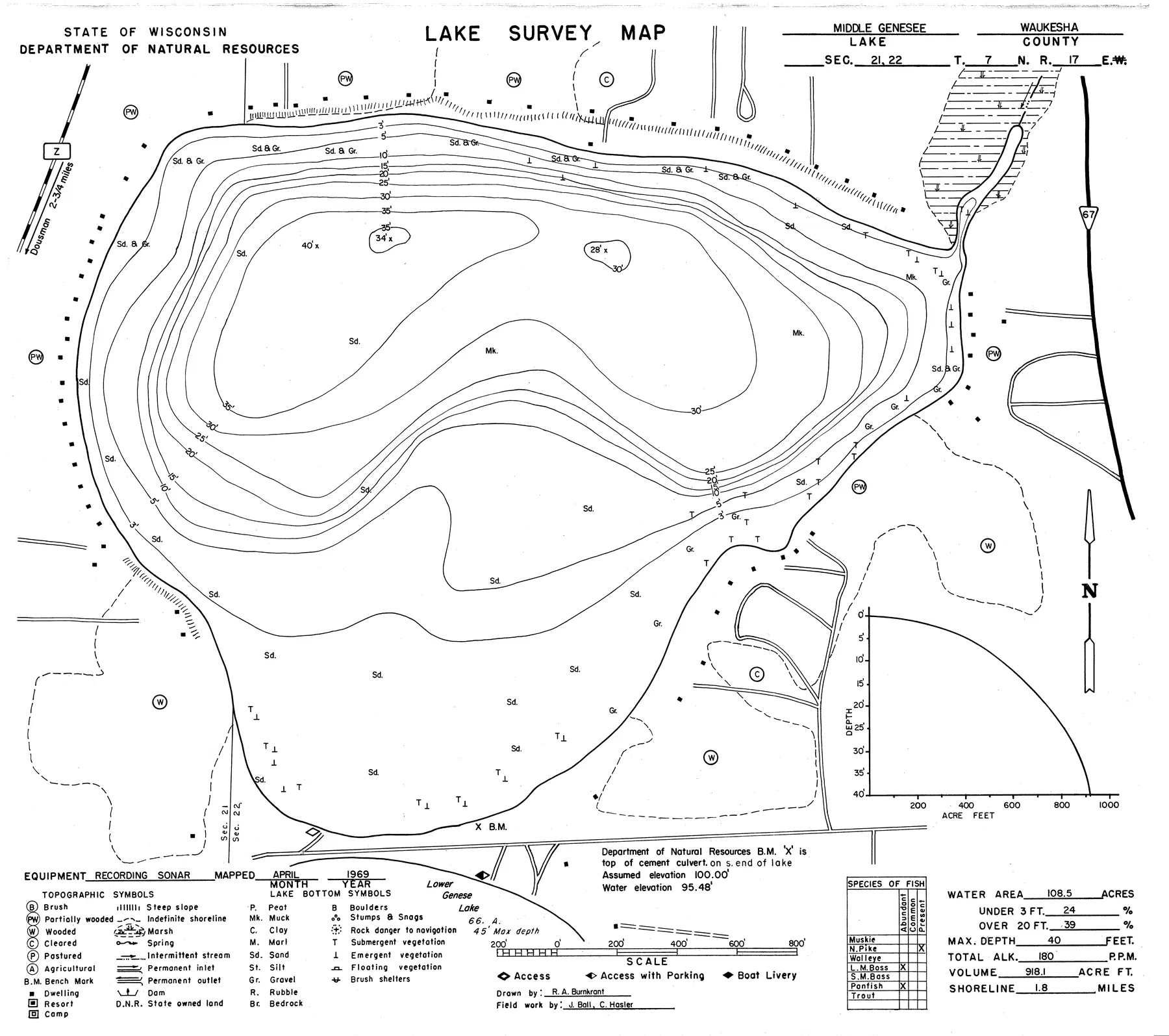 Middle Genesee Lake historical Wisconsin DNR depth map sheet 1