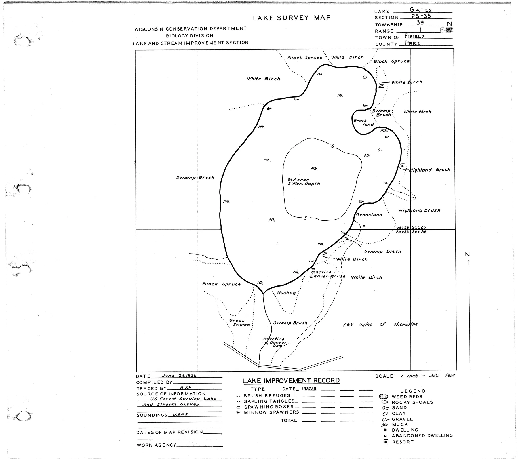 Gates Lake historical Wisconsin DNR depth map sheet 1