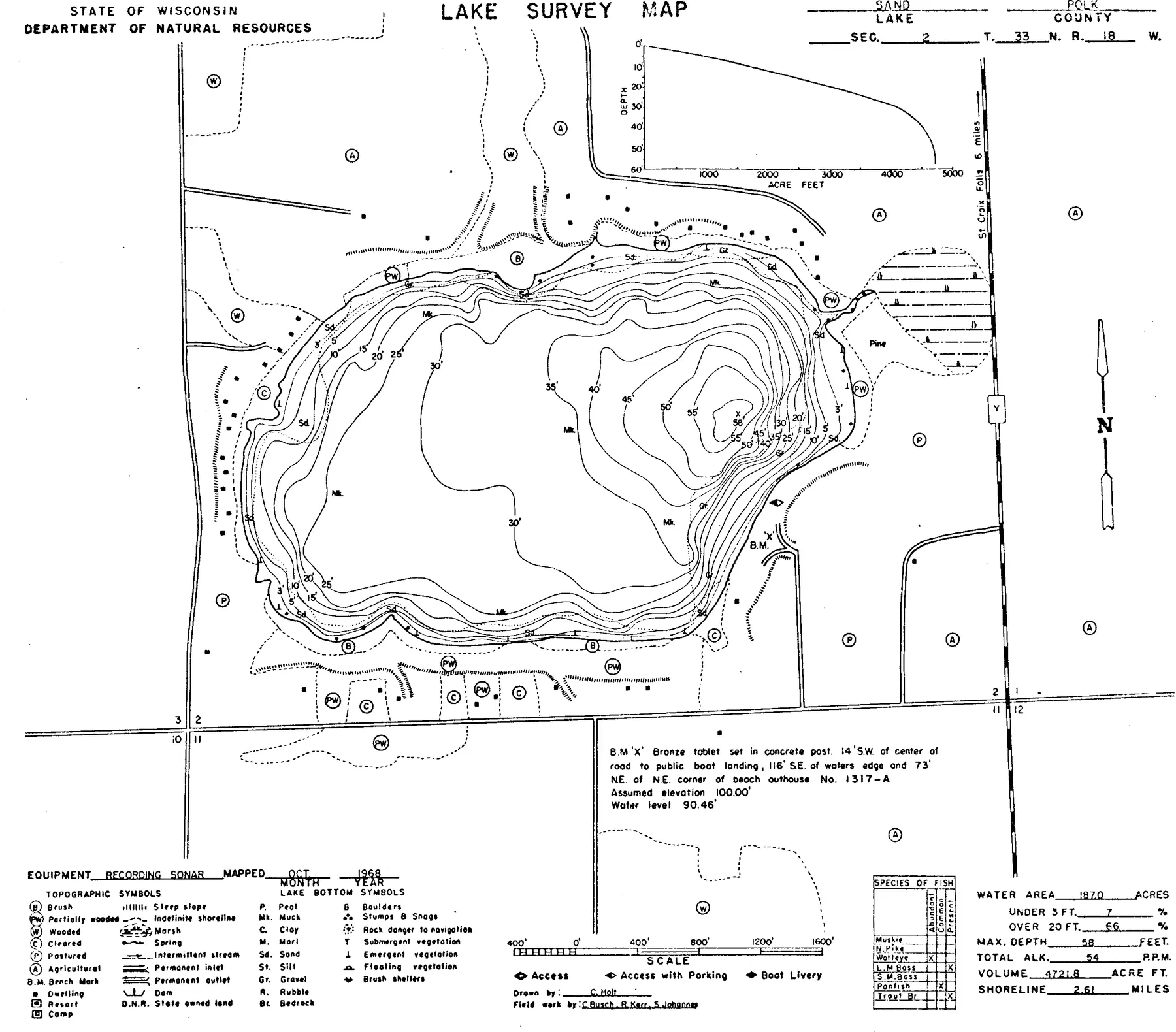 Sand Lake historical Wisconsin DNR depth map sheet 1