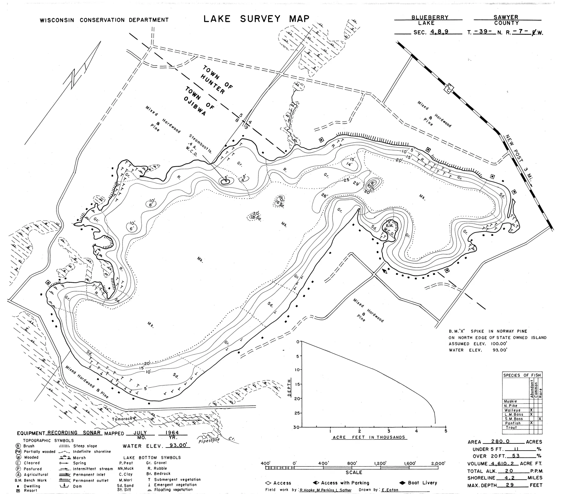 Blueberry Lake historical Wisconsin DNR depth map sheet 1