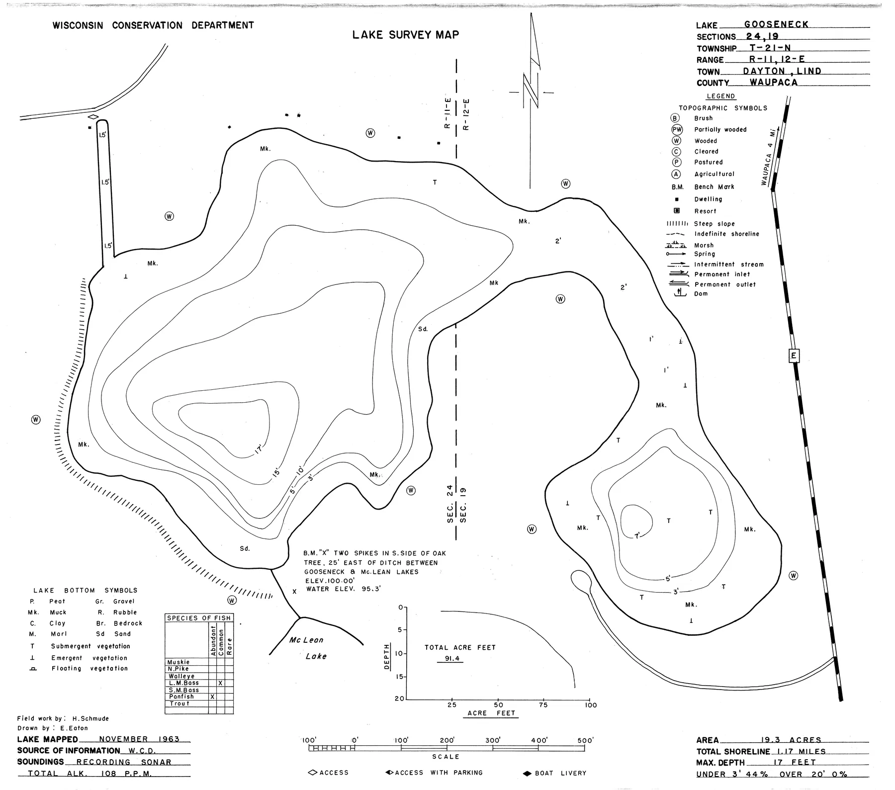 Gooseneck Lake historical Wisconsin DNR depth map sheet 1