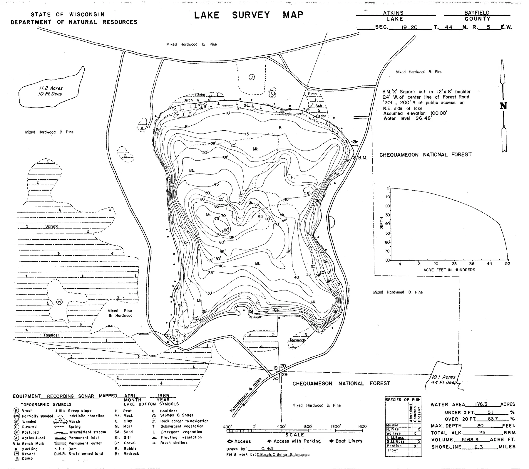 Atkins Lake historical Wisconsin DNR depth map sheet 1