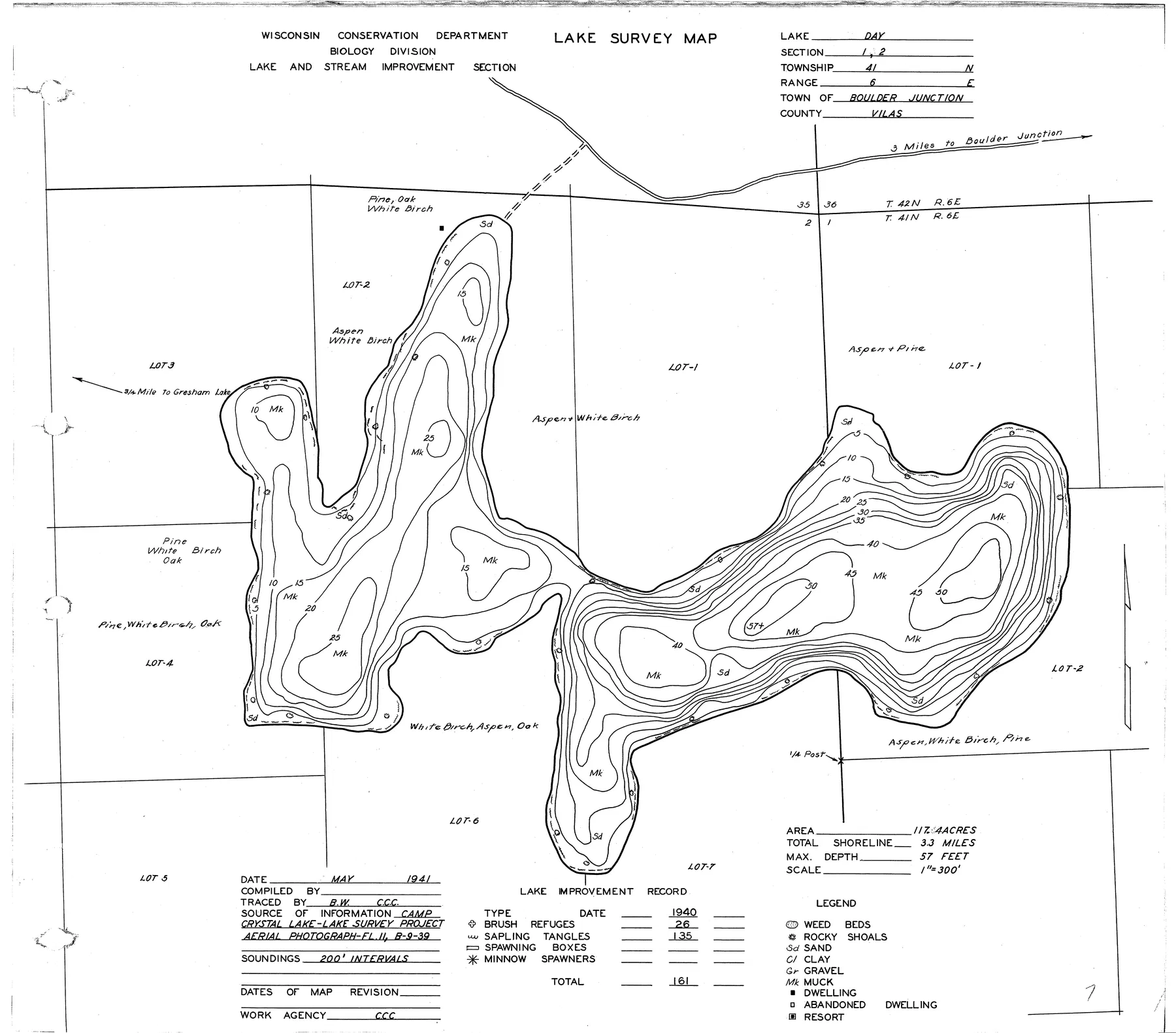 Day Lake historical Wisconsin DNR depth map sheet 1