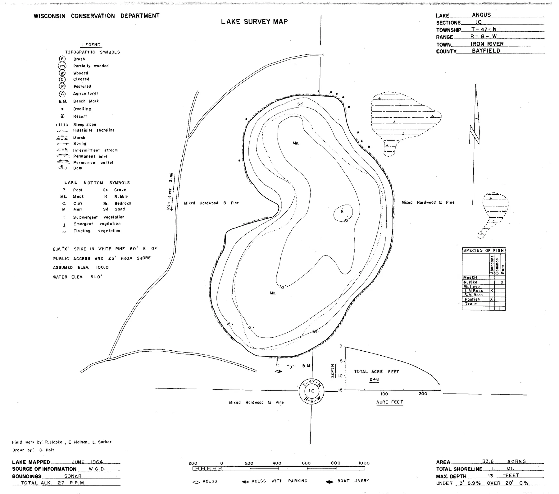 Angus Lake historical Wisconsin DNR depth map sheet 1