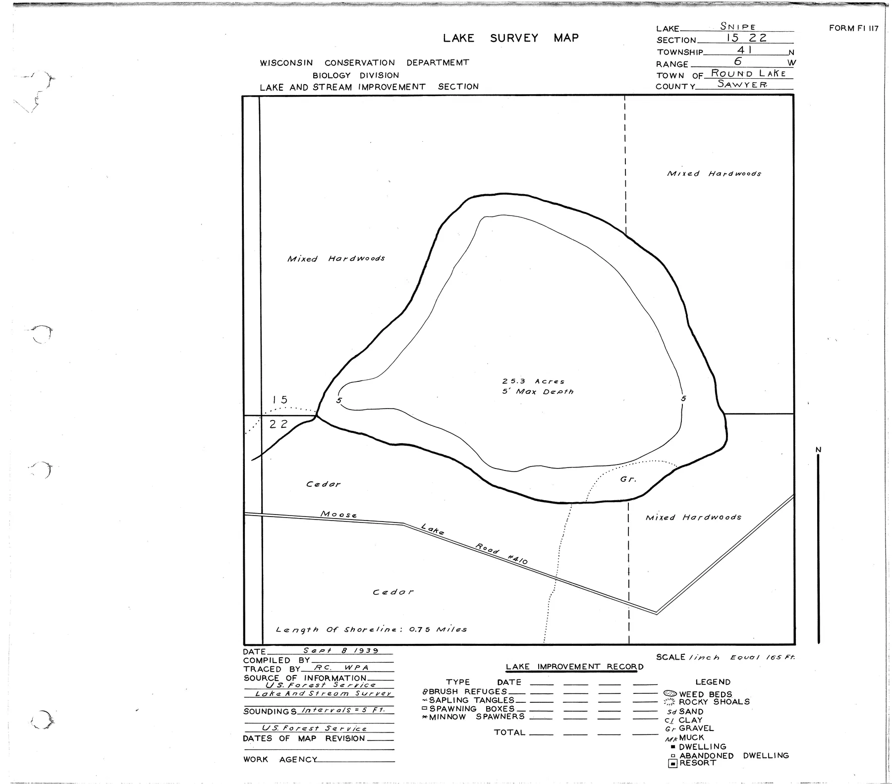 Snipe Lake historical Wisconsin DNR depth map sheet 1