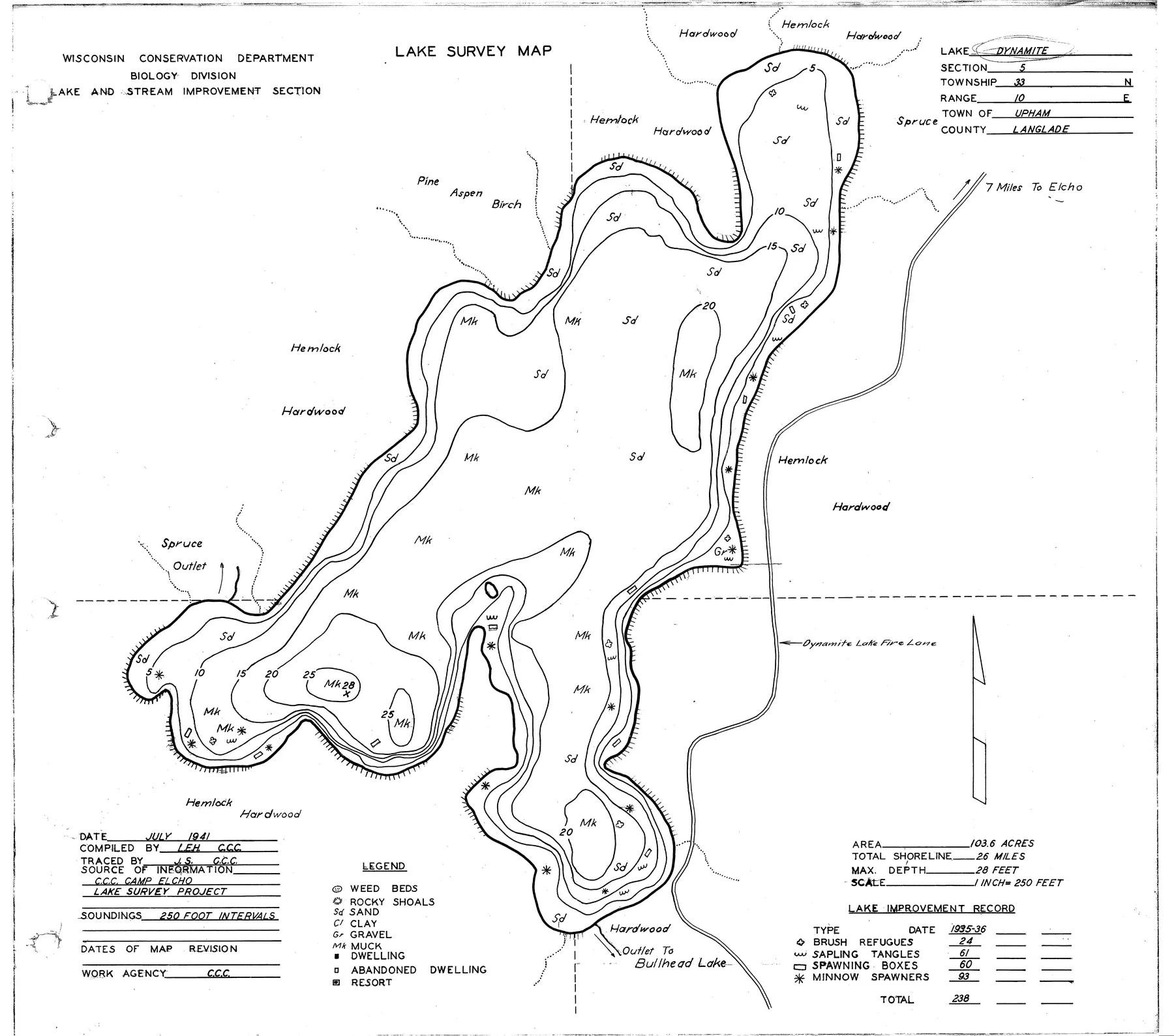 Dynamite Lake historical Wisconsin DNR depth map sheet 1