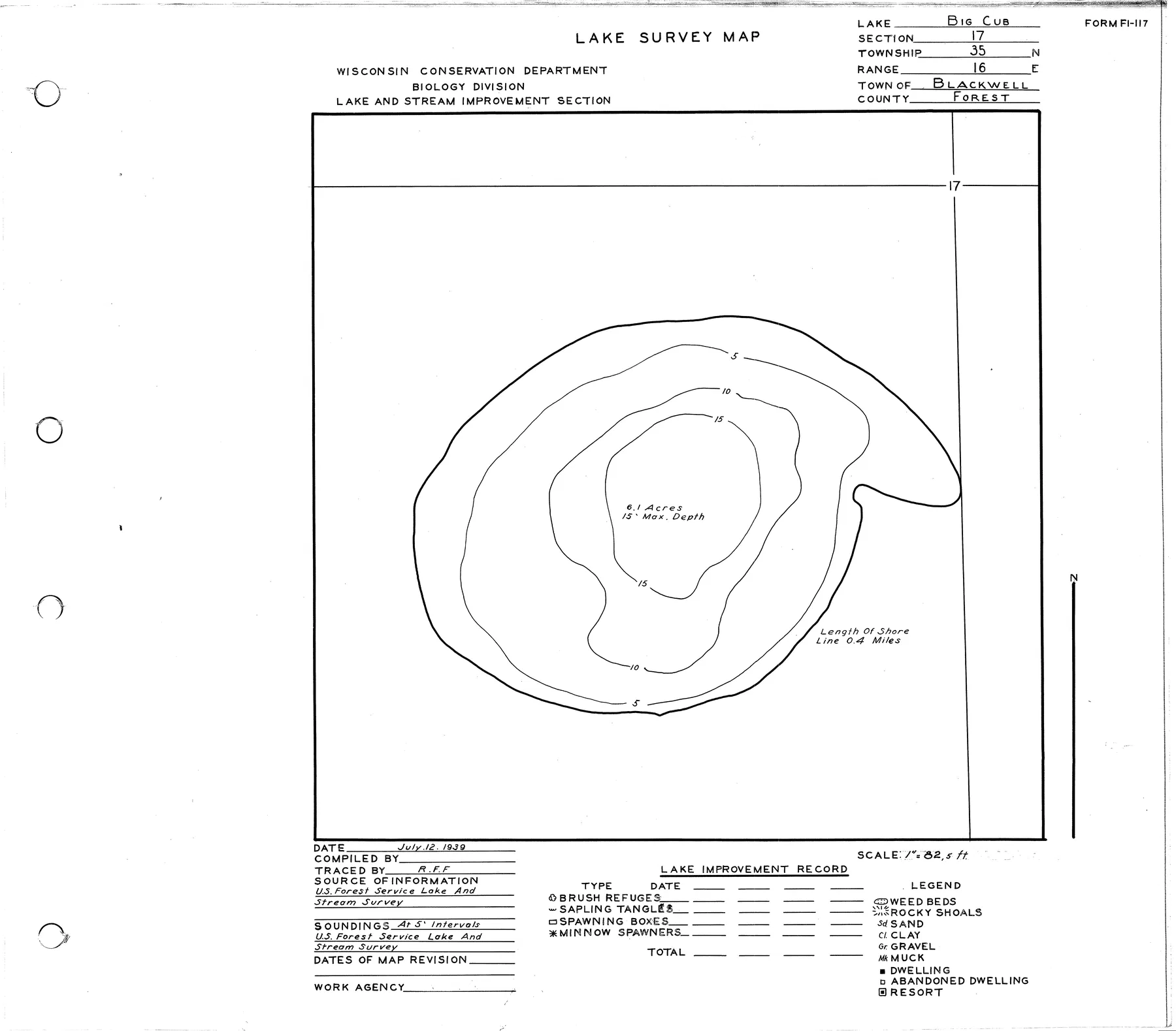 Big Cub Lake historical Wisconsin DNR depth map sheet 1