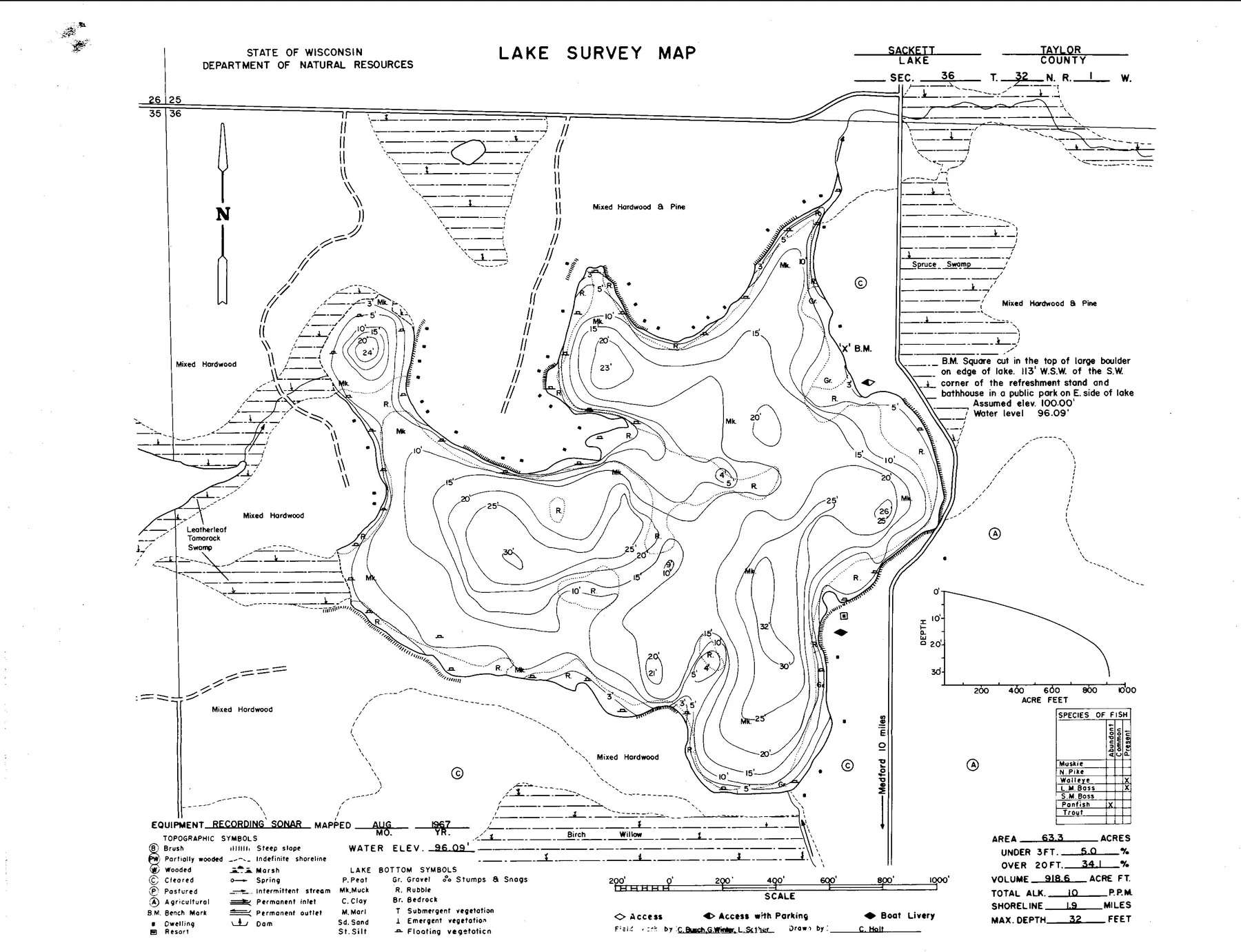 Sackett Lake historical Wisconsin DNR depth map sheet 1