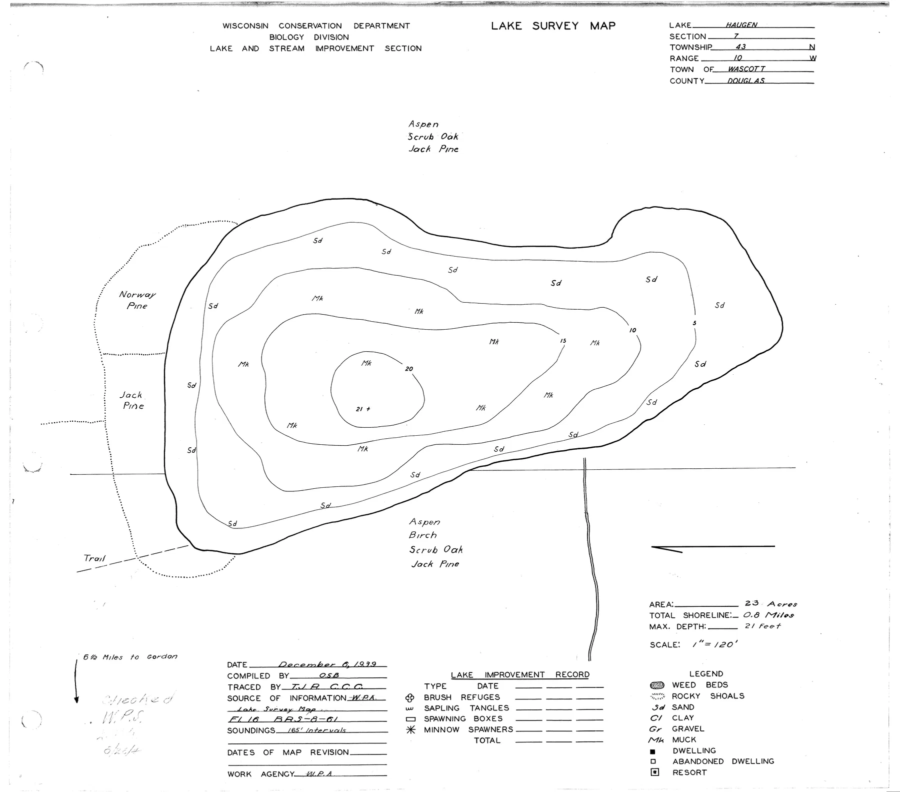 Haugen Lake historical Wisconsin DNR depth map sheet 1