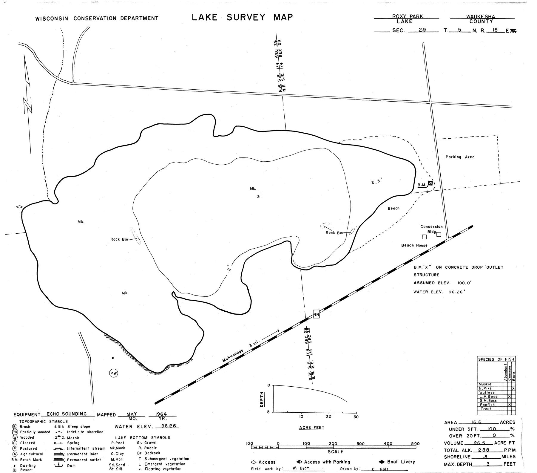 Roxy Pond historical Wisconsin DNR depth map sheet 1