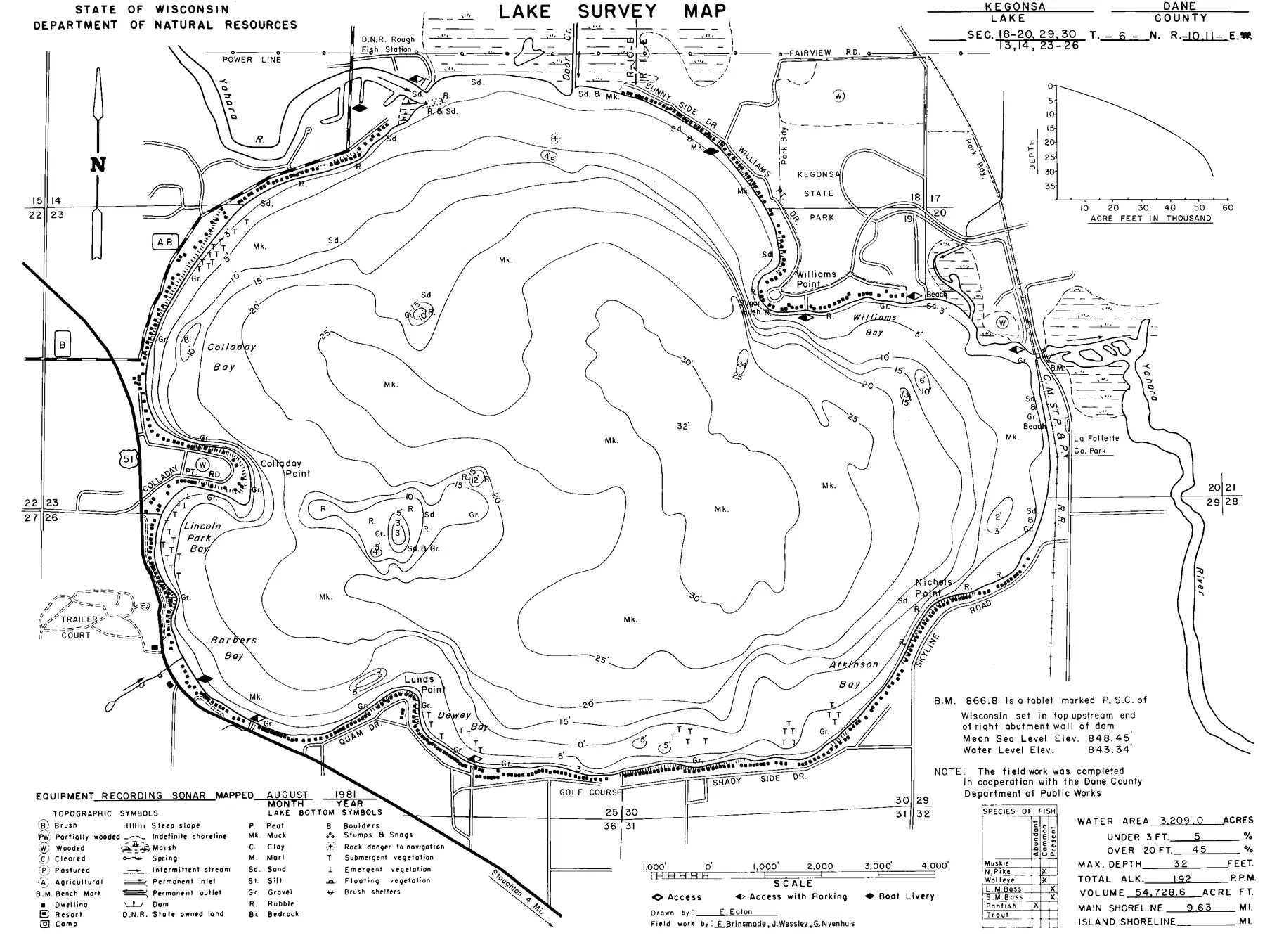 Lake Kegonsa historical Wisconsin DNR depth map sheet 1