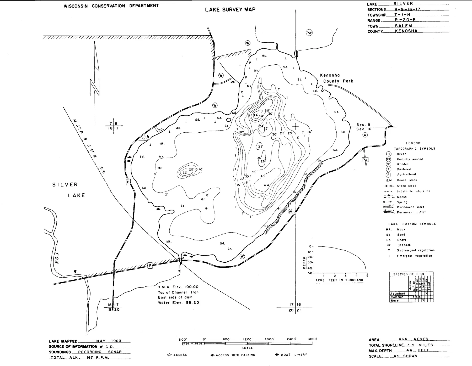 Silver Lake historical Wisconsin DNR depth map sheet 1