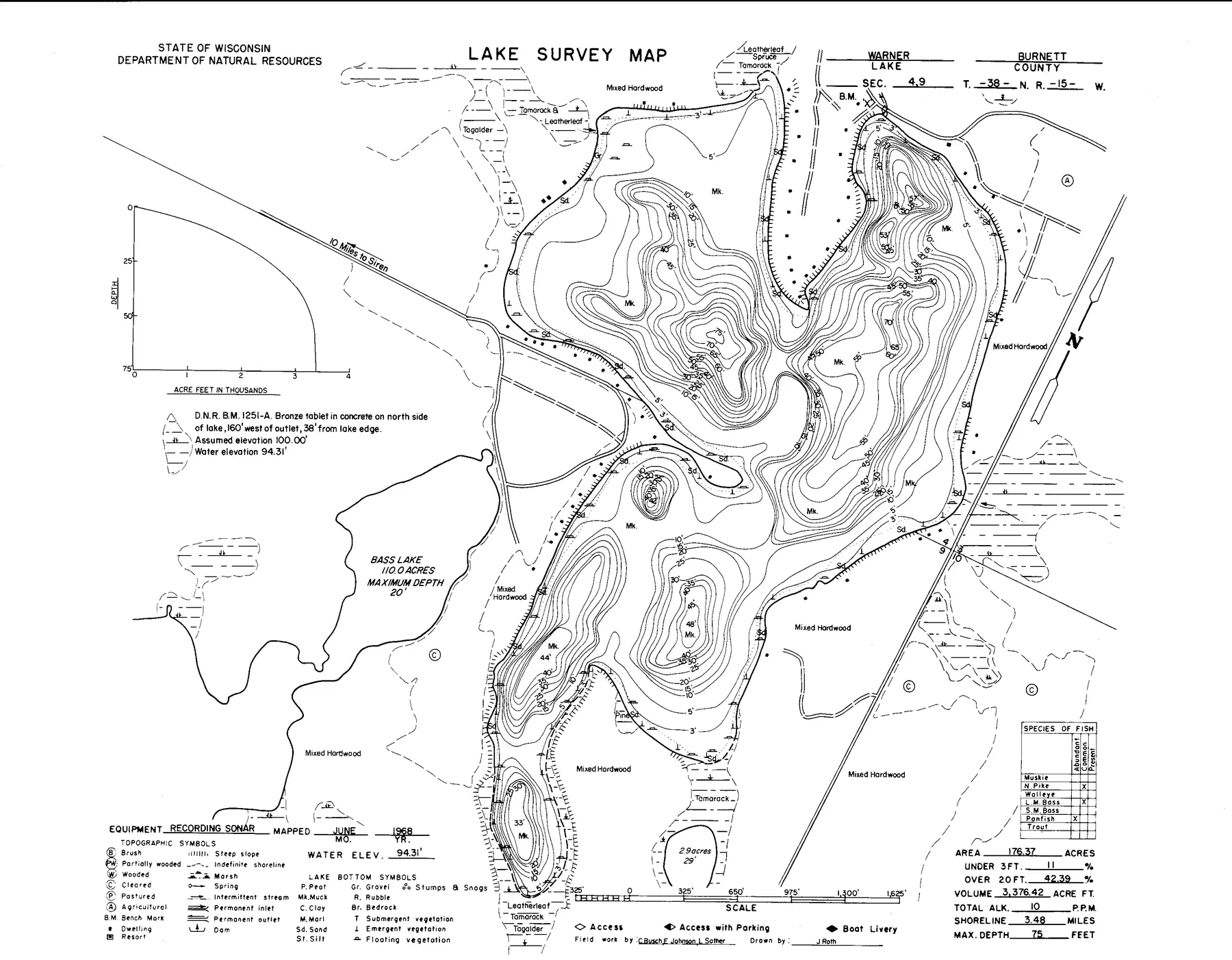 Warner Lake historical Wisconsin DNR depth map sheet 1