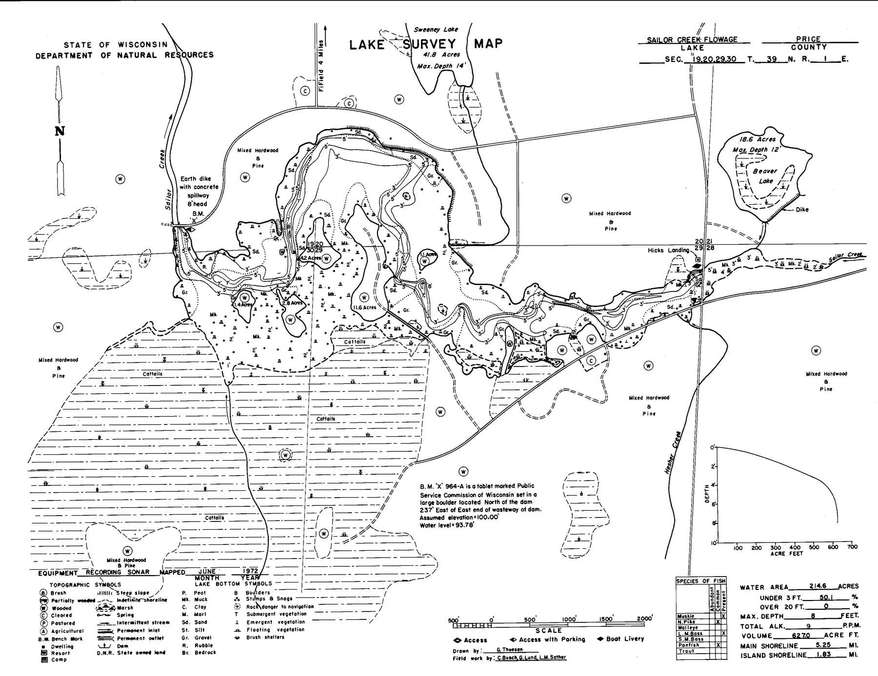 Sailor Creek Flowage historical Wisconsin DNR depth map sheet 1