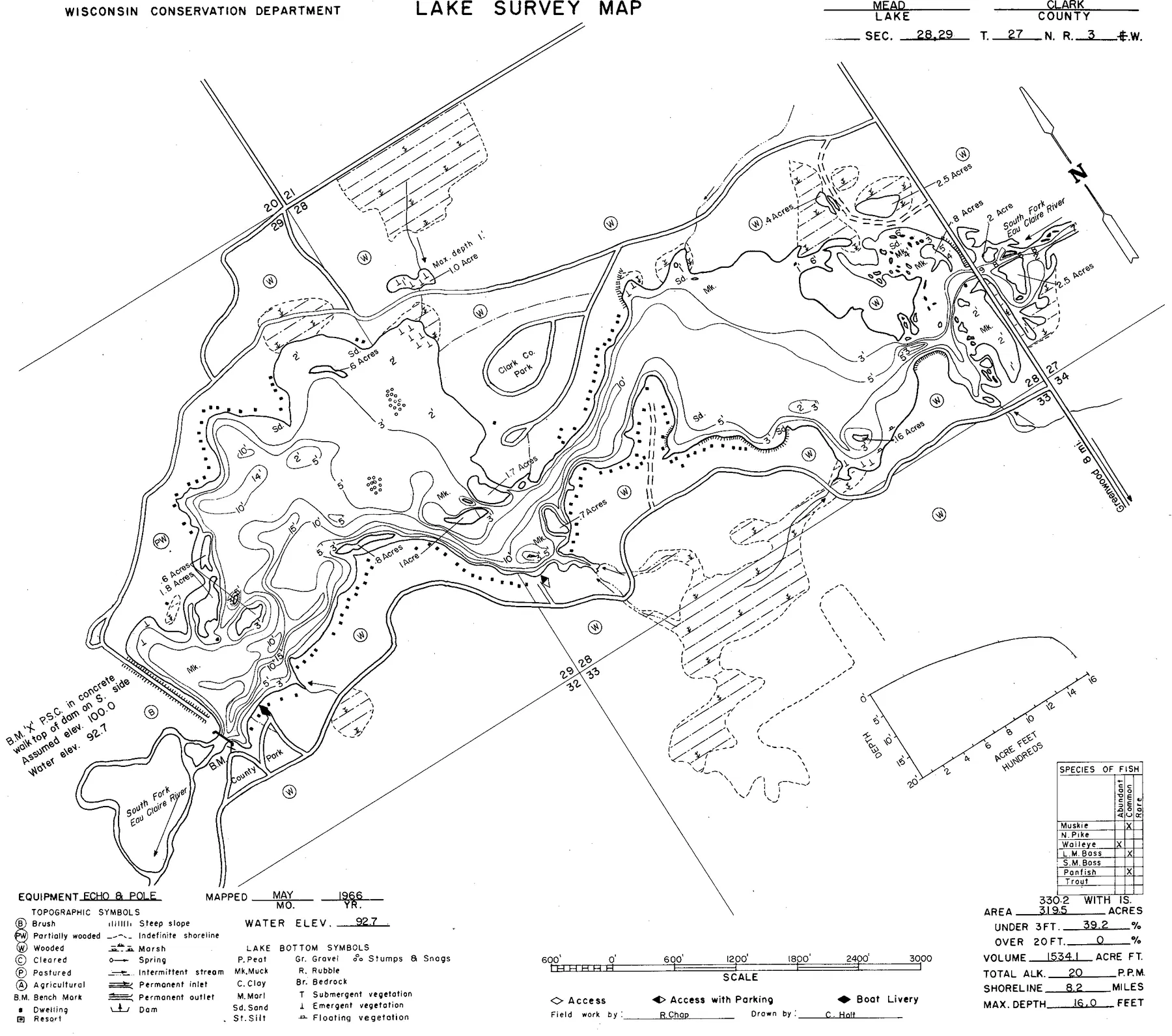 Mead Lake historical Wisconsin DNR depth map sheet 1