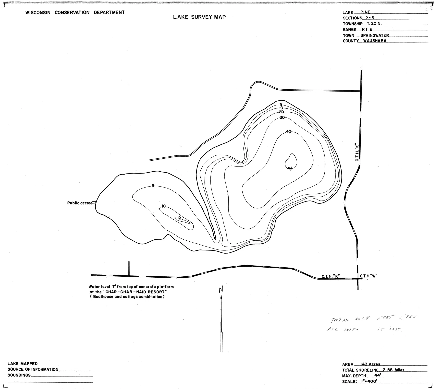 Pine Lake historical Wisconsin DNR depth map sheet 1