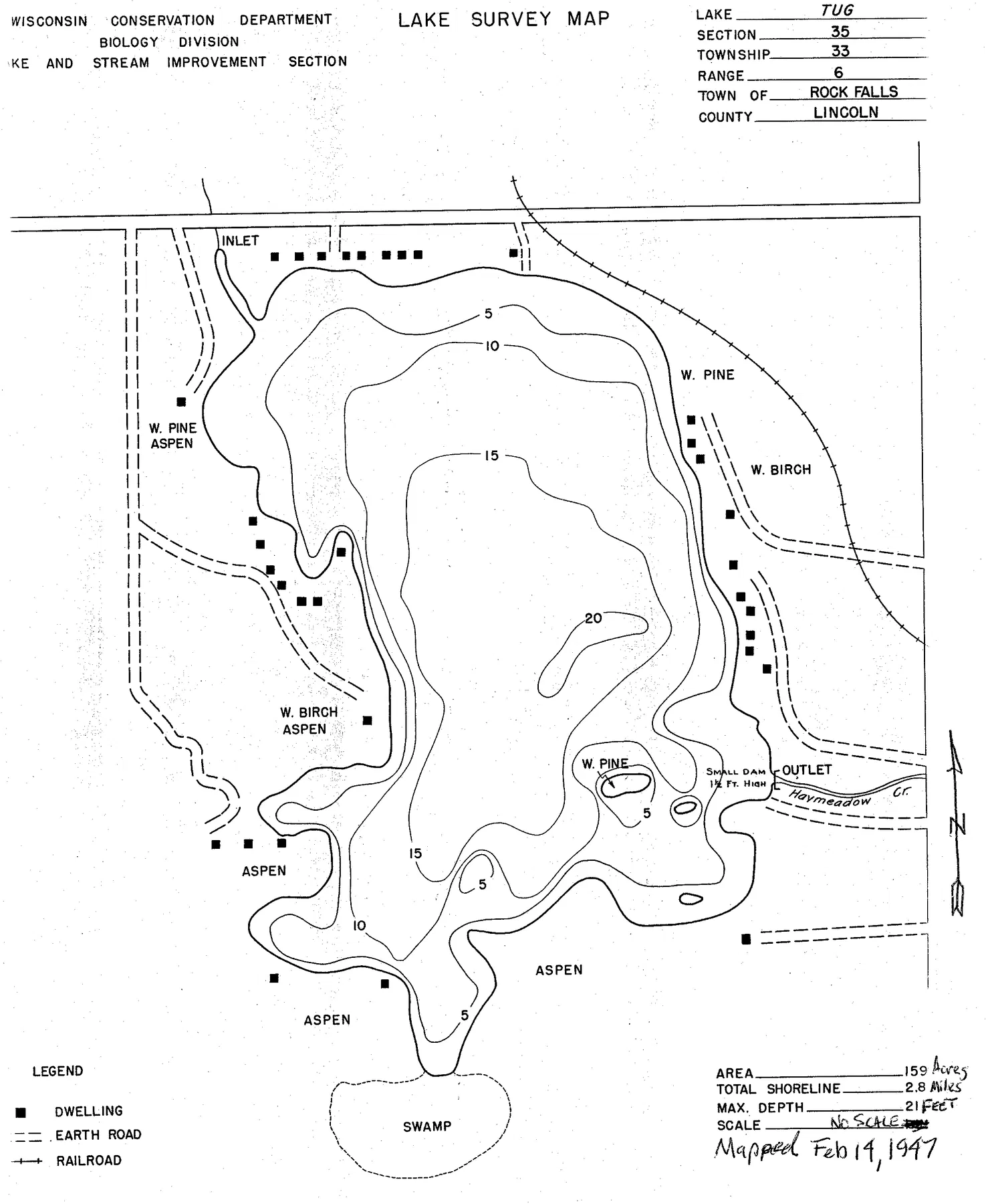Tug Lake historical Wisconsin DNR depth map sheet 1