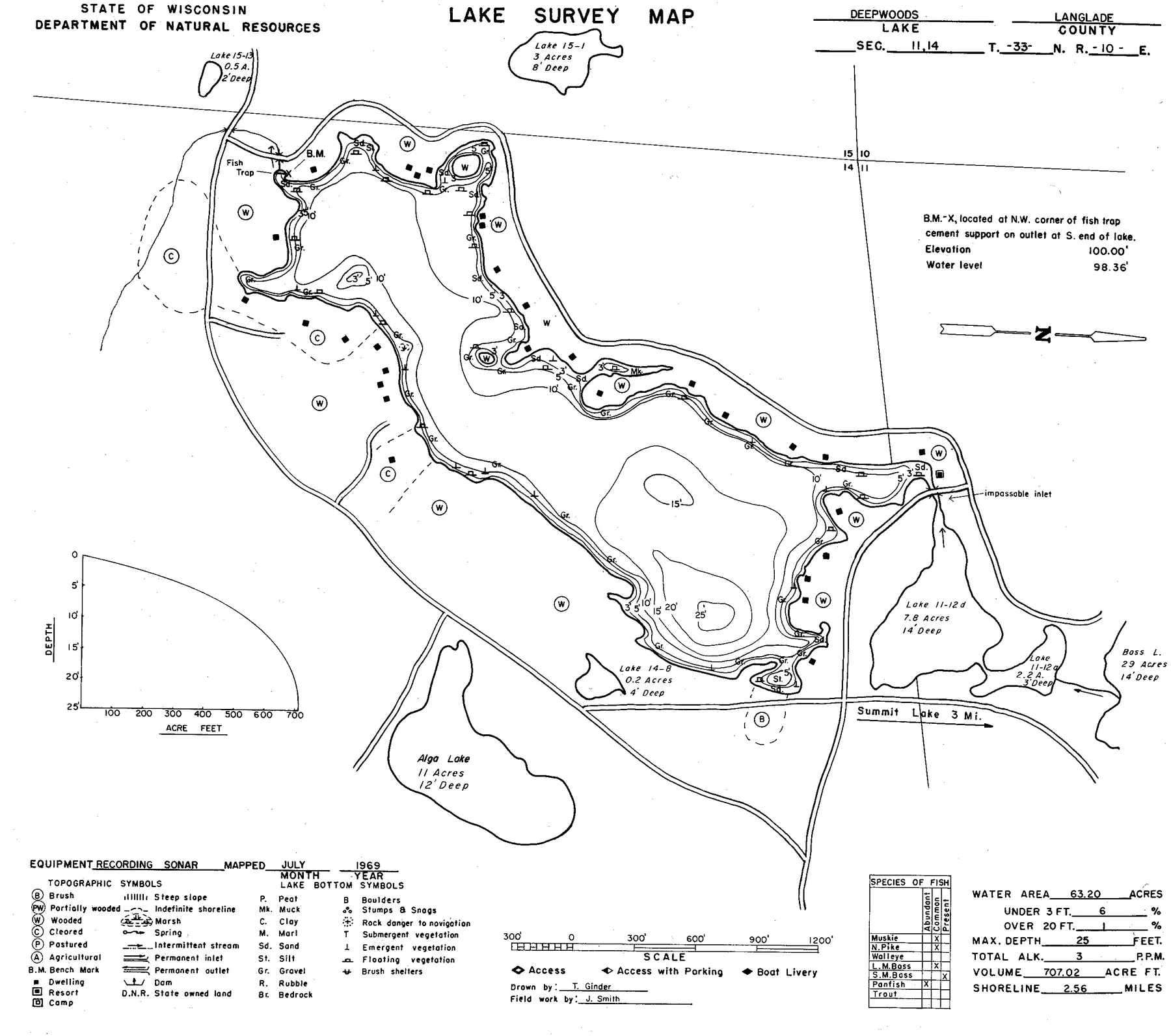 Deep Wood Lake historical Wisconsin DNR depth map sheet 1