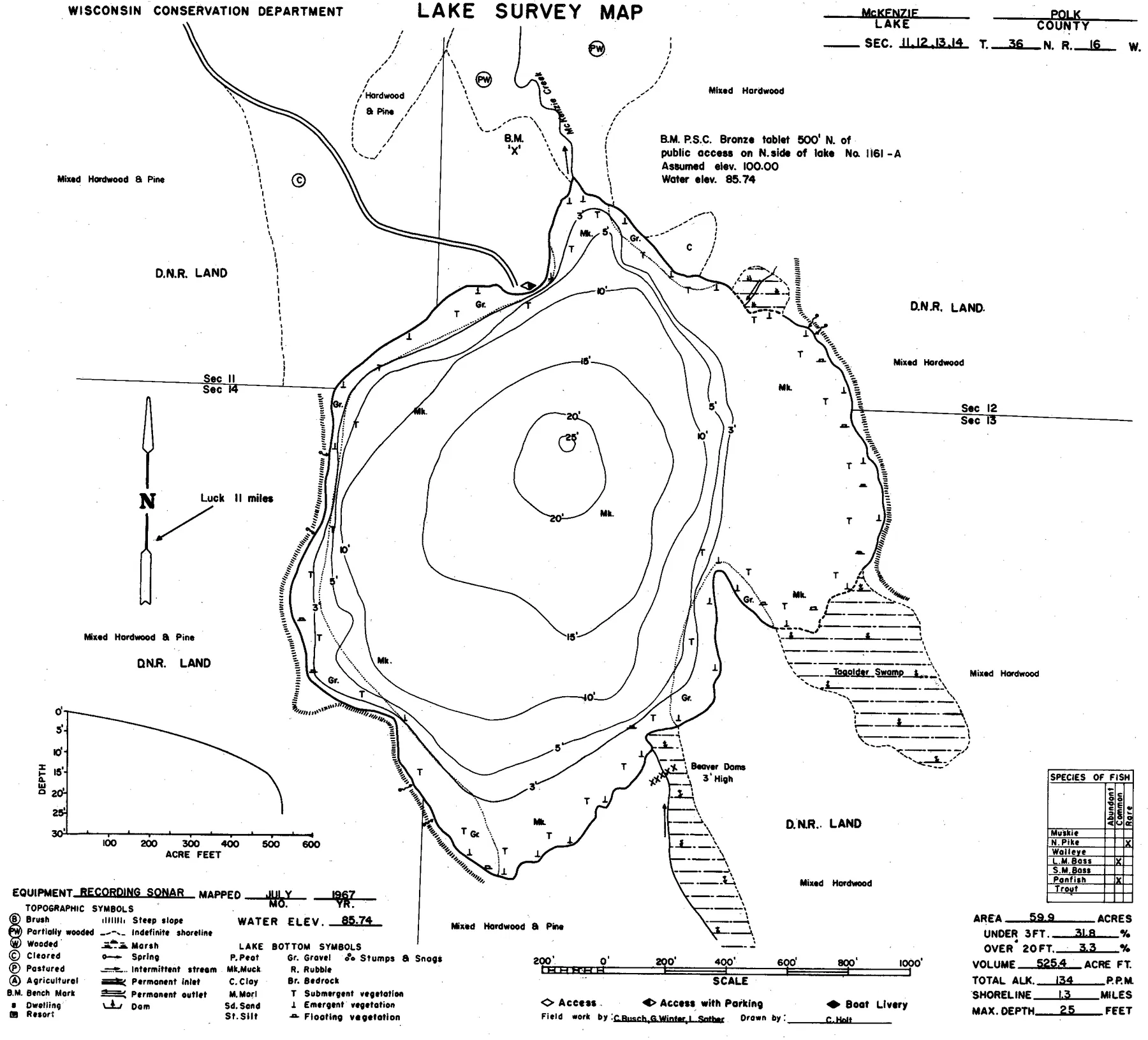 McKenzie Lake historical Wisconsin DNR depth map sheet 1