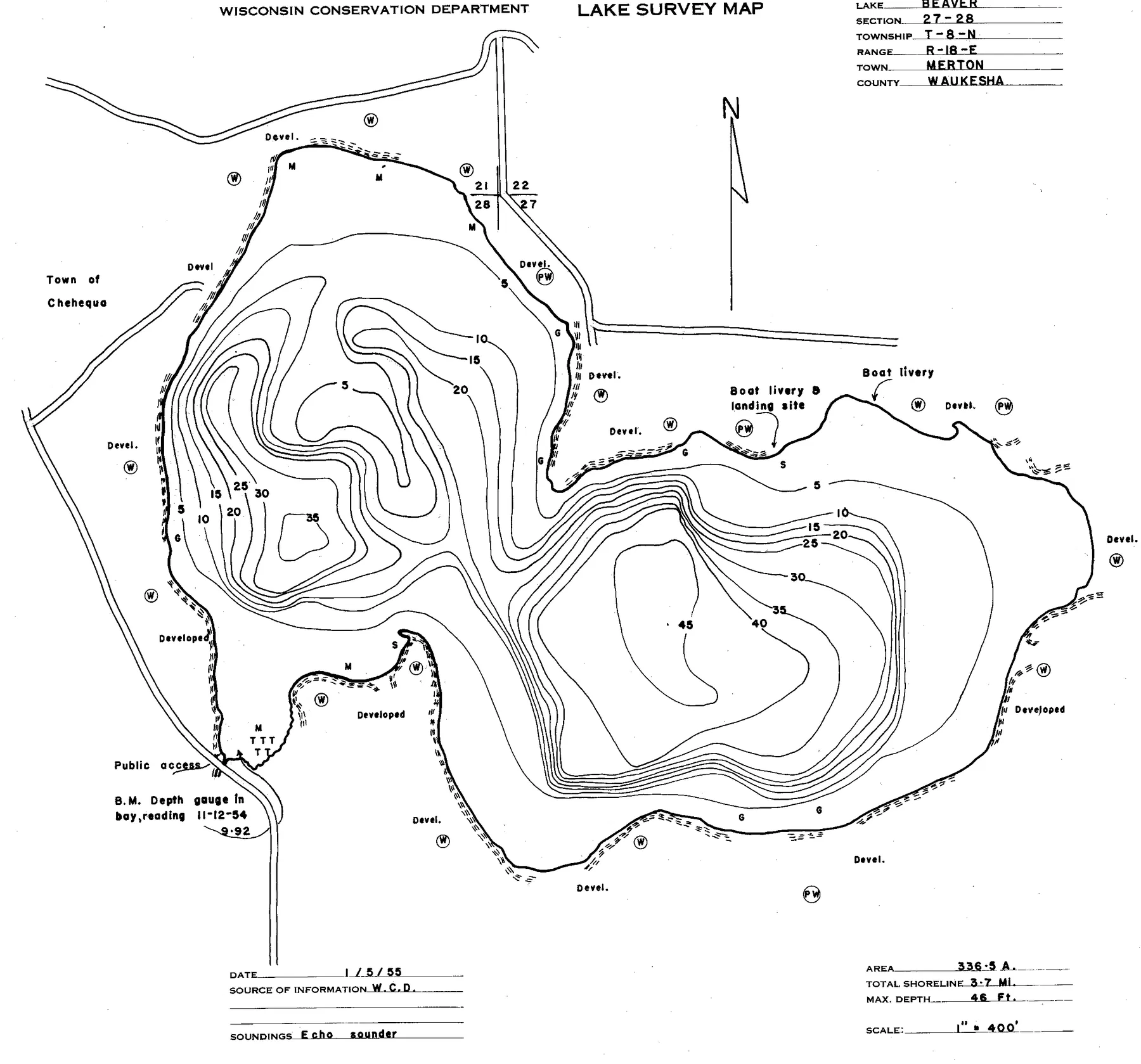 Beaver Lake historical Wisconsin DNR depth map sheet 1