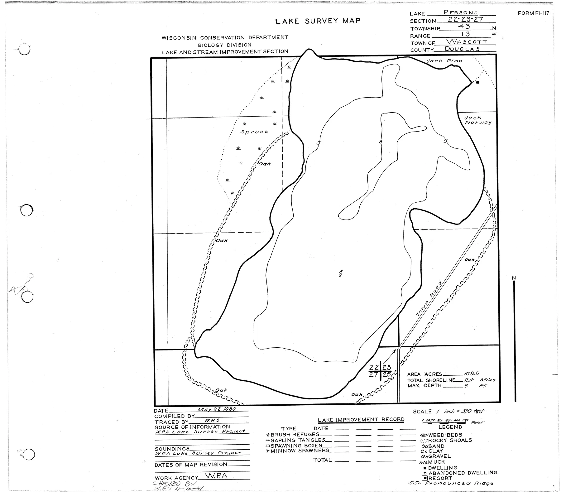 Person Lake historical Wisconsin DNR depth map sheet 1